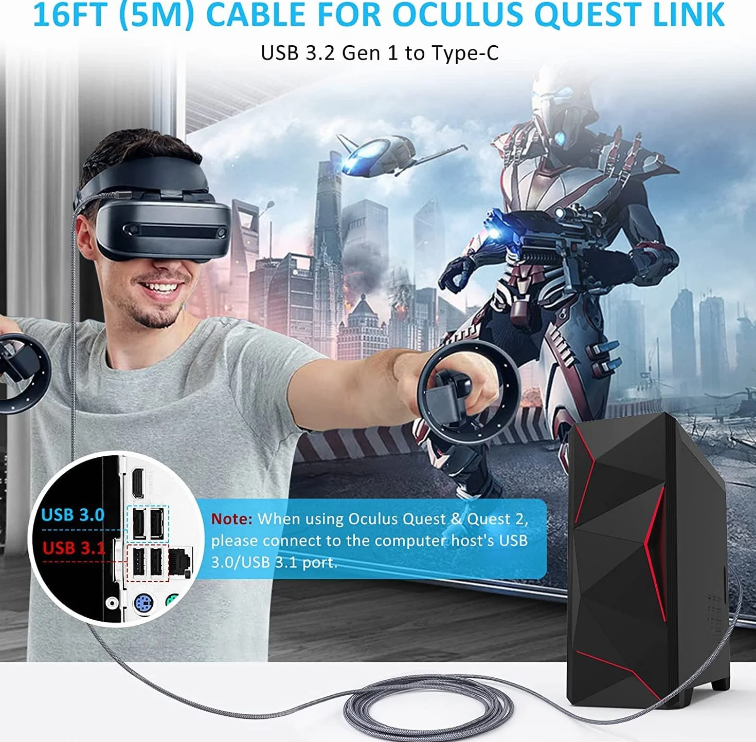 Kabel do Meta Quest 3 5m USB 3.2 Gen1 Typ C kompatybilny z Quest Link Quest 2 Pro PICO4 Pro