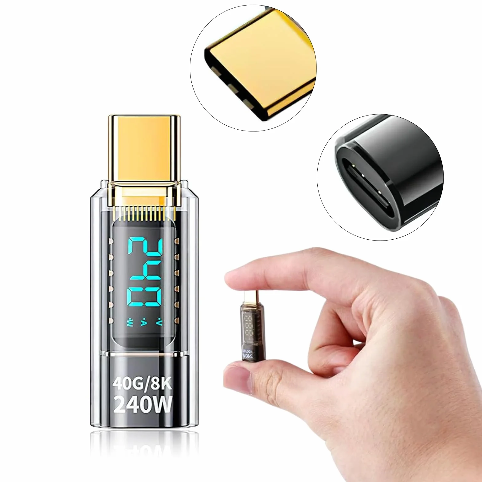 USB C Adapter Meter Meter Tester 240W USB C Mężczyzna do Kobiet Adapter Przedłużający 40 Gb/S 8k 60 Hz z Cyfrowym Wyświetlaczem LED na podkładkę telefoniczną