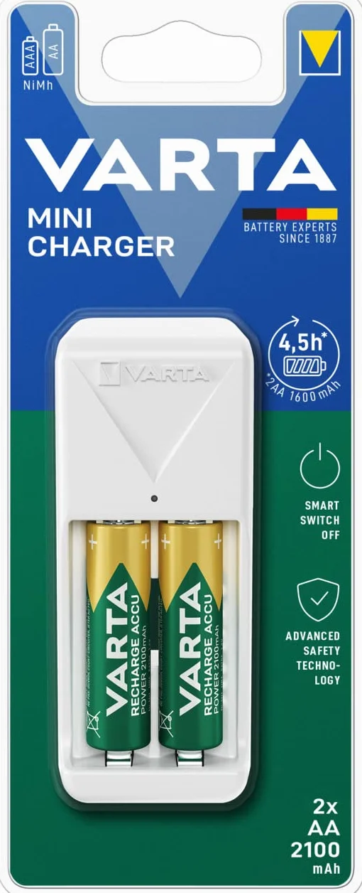 Varta Mini ładowarka Mini Charger na 2 akumulatory niklowo-metalowo-wodorkowe (NiMH) AA, AAA (w tym 2 x akumulator AAA 2100 mAh), wtyczka UE