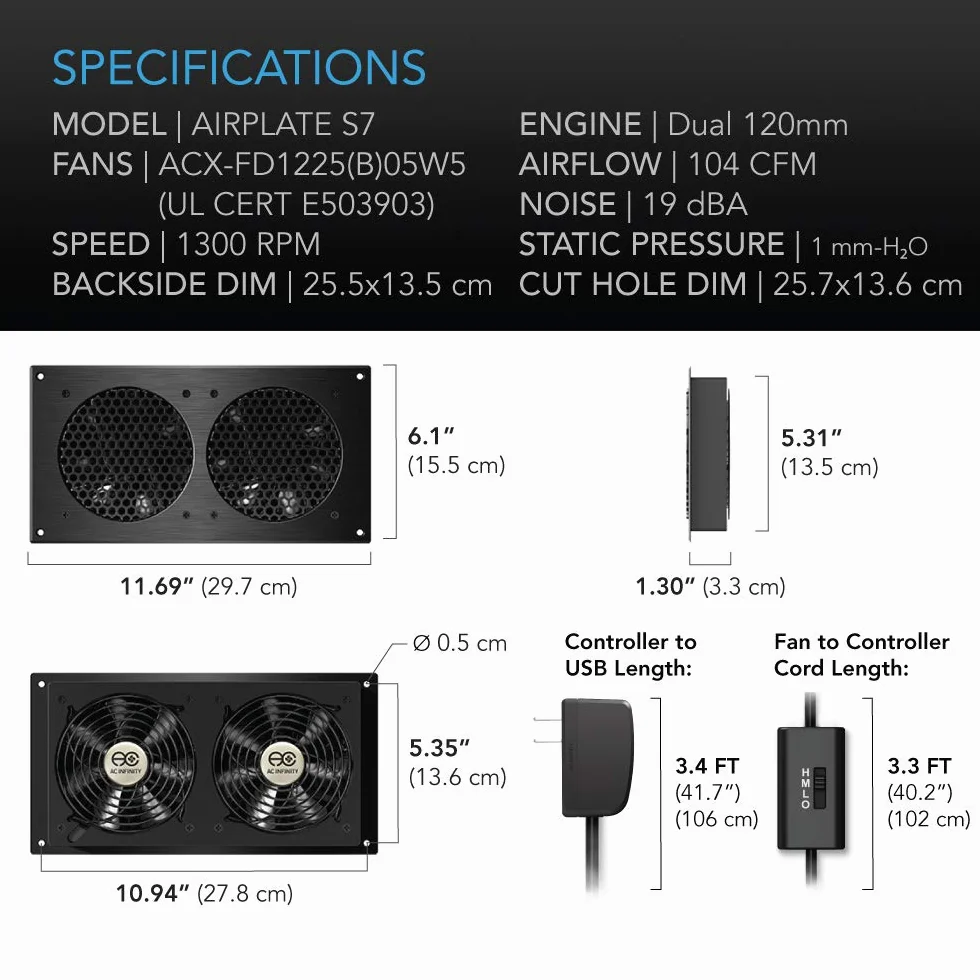 AC Infinity AIRPLATE S7, Cichy system chłodzenia wentylatora z prędkością kontroli, for Home Theater AV Cabinet Cooling