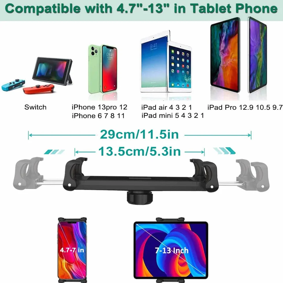 Samochodowy uchwyt na tablet, uchwyt na zagłówek do smartfona iPad o przekątnej 4,7-12,9 cala, tylne siedzenie samochodowe między stojakiem na tablet iPad Pro Air Mini, Samsung Tab, Fire HD,