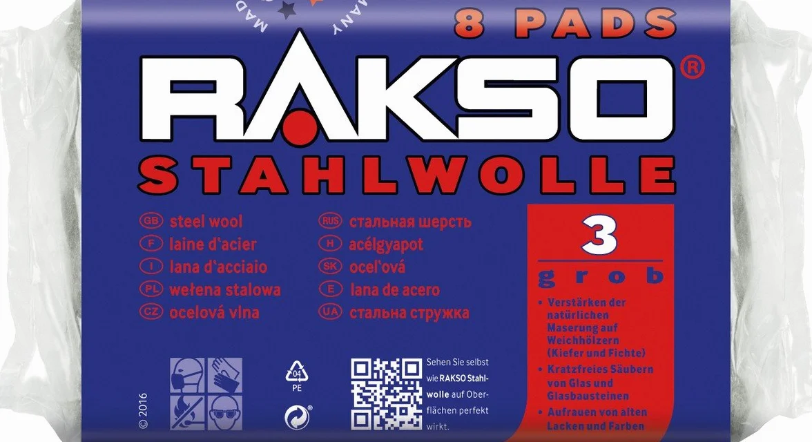 RAKSO Wełna stalowa gruba 3, wzmacnia naturalny rysunek słojów drewna, czyści szkło, zmatowienie starego lakieru, kolor, 8 padów 200 g