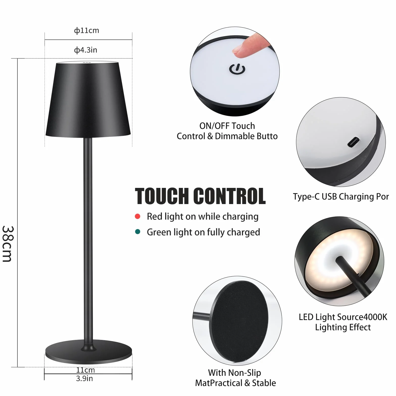 Lampa stołowa, bezprzewodowa, ściemniana, z akumulatorem LED, 3 temperatury barwowe, bezstopniowe ściemnianie, dotykowa lampa z USB-C do ładowania, na zewnątrz, stolik nocny, stół jadalny