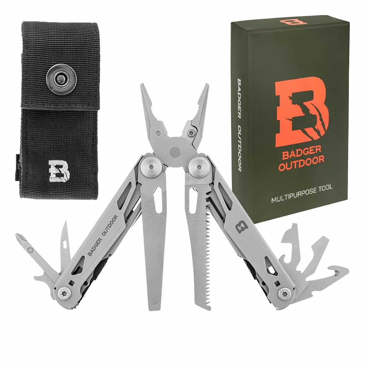 Badger Outdoor Torrent 15w1 Multitool ze stali nierdzewnej - Nóż kieszonkowy składany z pochwą - Wielofunkcyjne narzędzie EDC Prezenty dla mężczyzn - Gadżety campingowe