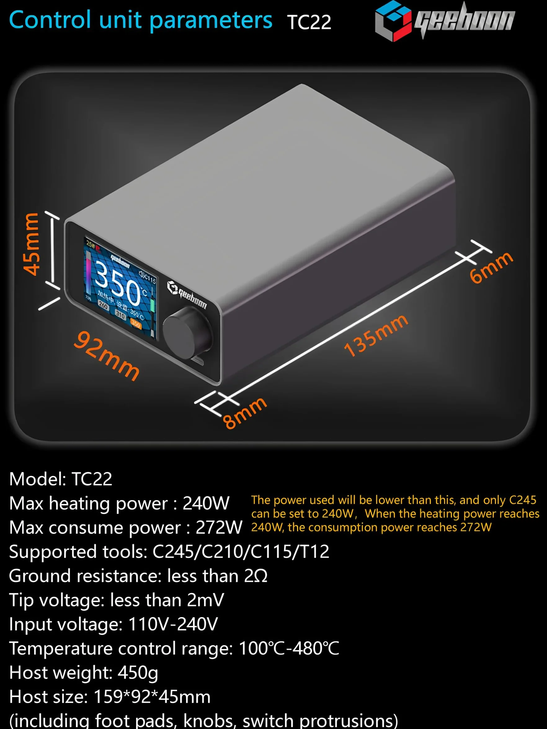 GEEBOON 220W TC22 Stacja lutownicza Kompatybilna z końcówką lutowniczą 115/210/245/T12 Wyświetlacz krzywizny kolorowej stacji do poprawiania lutowania (TC22-SDC02 245KIT)