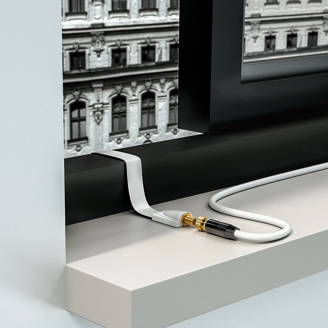 deleyCON 1x przepust okienny kabel satelitarny 21cm elastyczny łącznik o długości 30cm okna i drzwi pozłacane wyjątkowo płaskie ekranowane podkładki samoprzylepne - biały