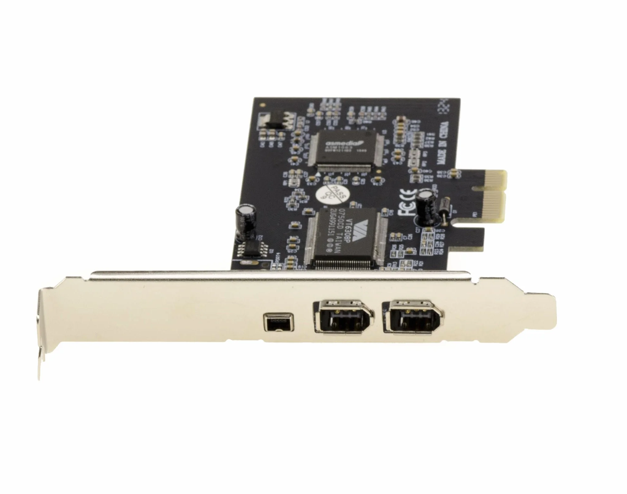 KALEA-INFORMATIQUE 3-portowa karta kontrolera IEEE1394a PCIe FireWire 400 z chipsetem VIA6308 i ASM1083. Wsporniki o wysokim i niskim profilu, z kablem Ilink.