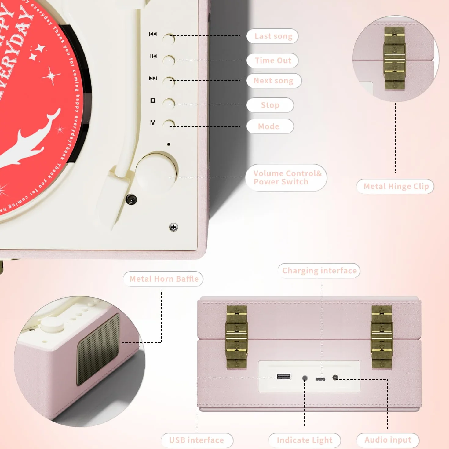 Odtwarzacz CD z głośnikami Time Music Box różowy