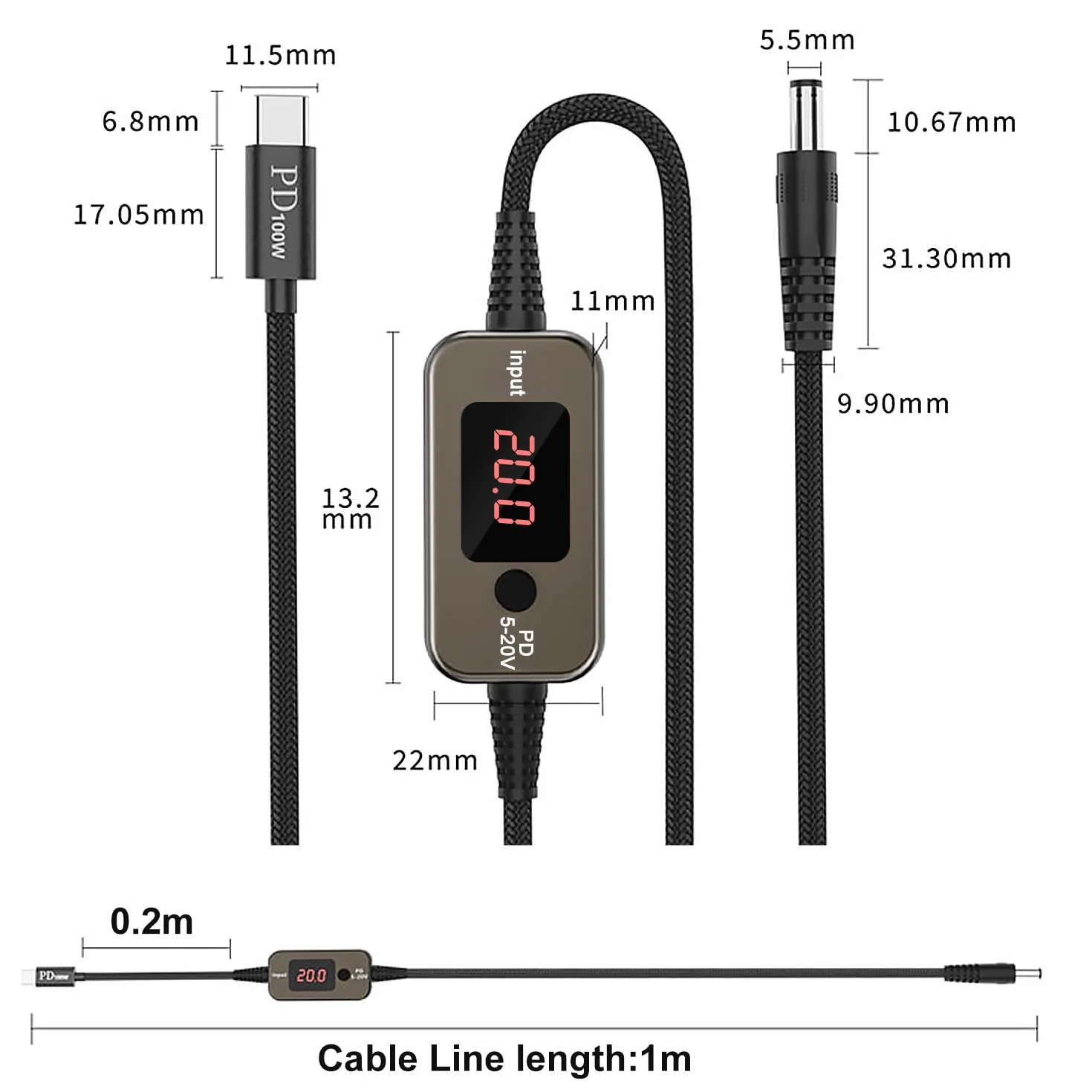 100W USB-C PD do DC Adapterkabel 5A 5,5×2,1mm 10 adapterów DC do laptopa routera monitora kamery 1M kabel nylonowy