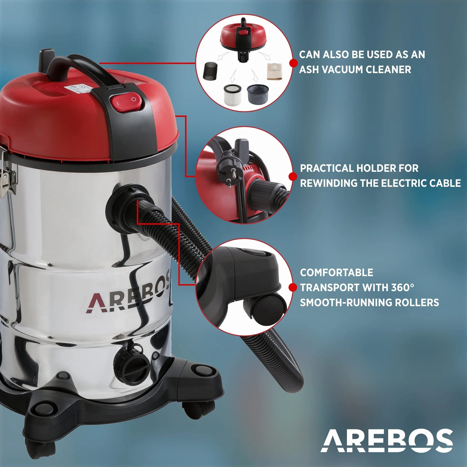 Arebos Odkurzacz przemysłowy | Odkurzacz do pracy na mokro i na sucho z filtrem | 1800W | 30L | Stal nierdzewna | Czerwony