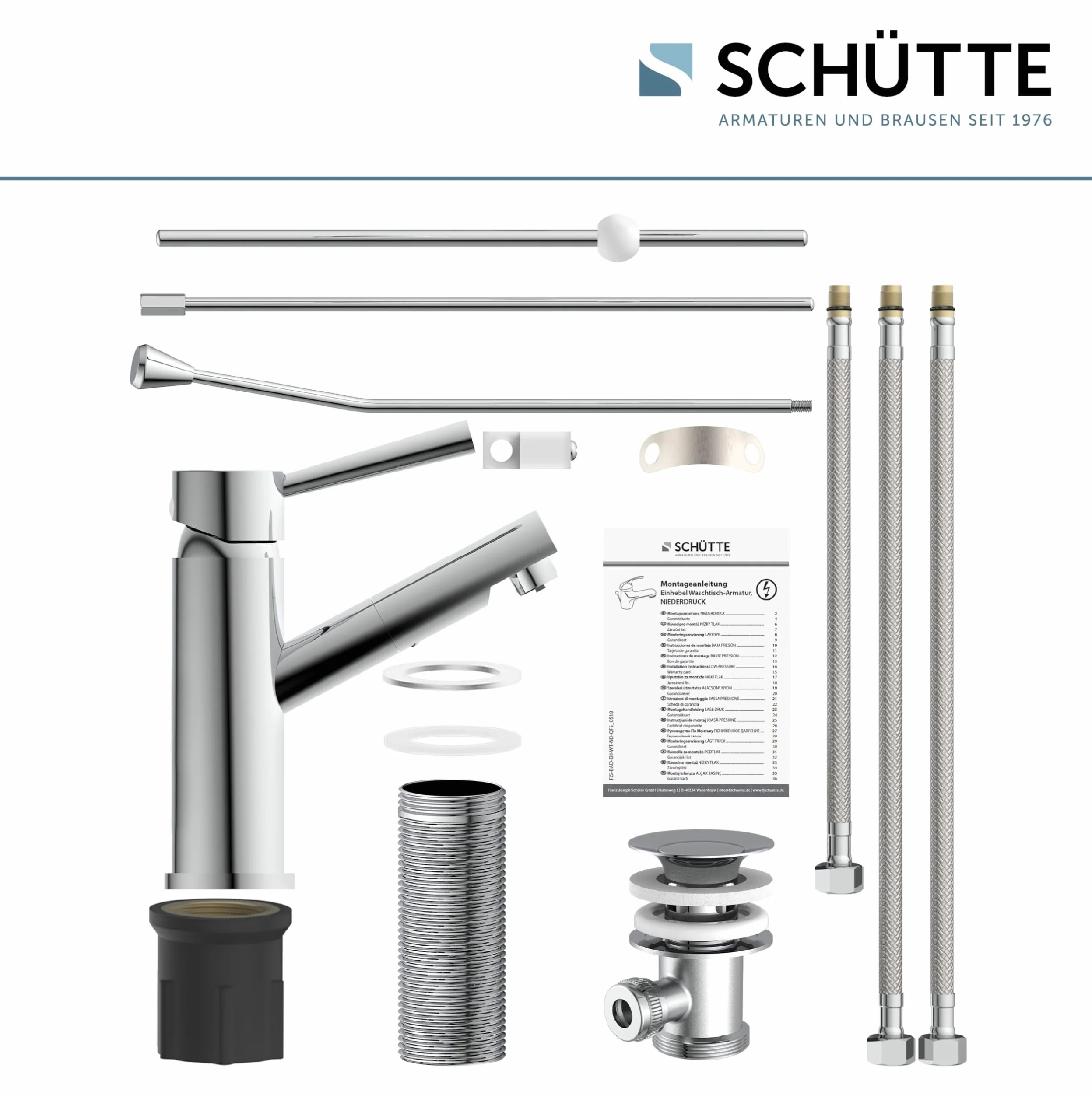SCHÜTTE Bateria umywalkowa CORNWALL niskociśnieniowa, bateria łazienkowa, jednouchwytowa bateria z zestawem odpływowym, chrom