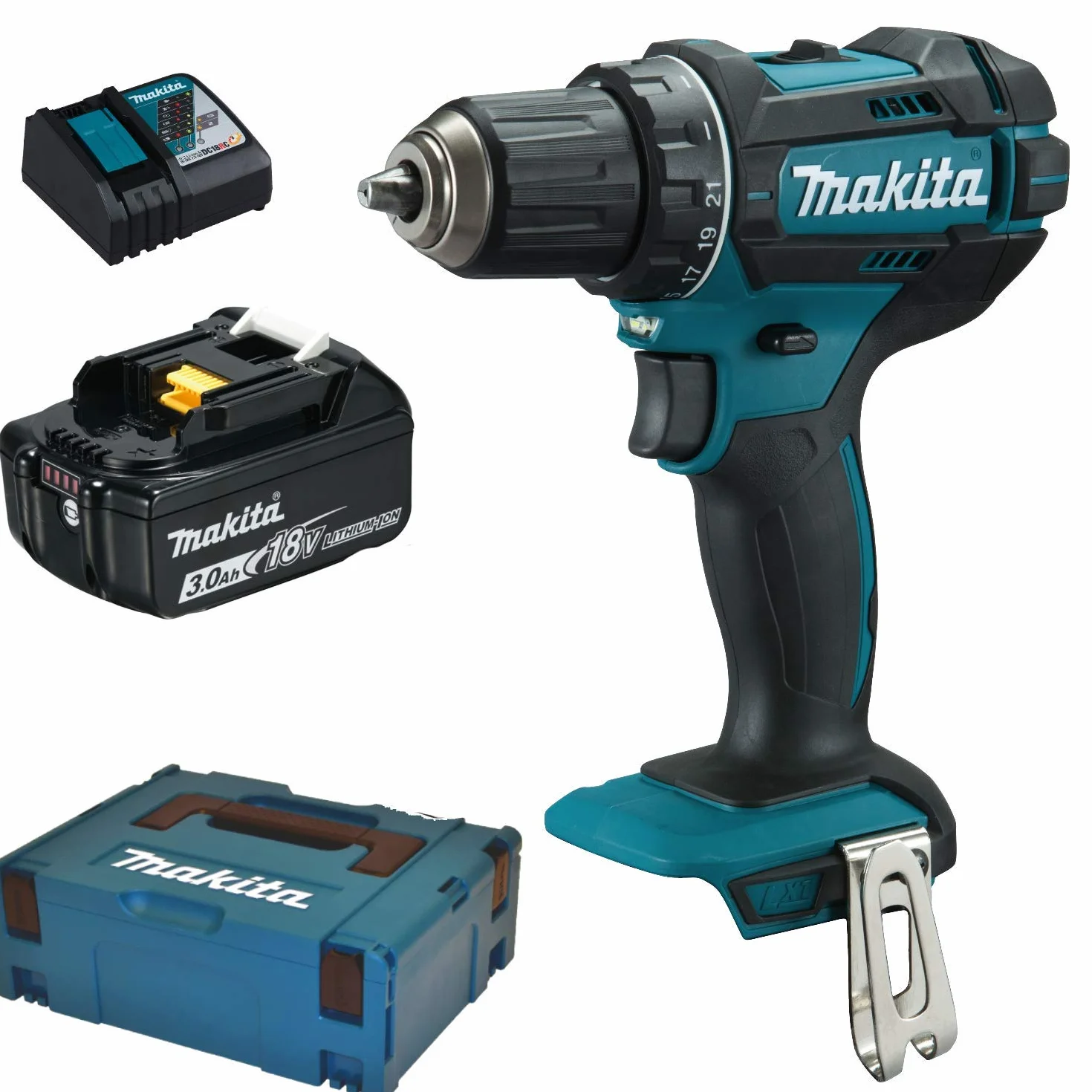 Makita DDF482RF1J Wiertarko-wkrętarka akumulatorowa + 1 bateria 3 Ah + ładowarka + zestaw Makpac