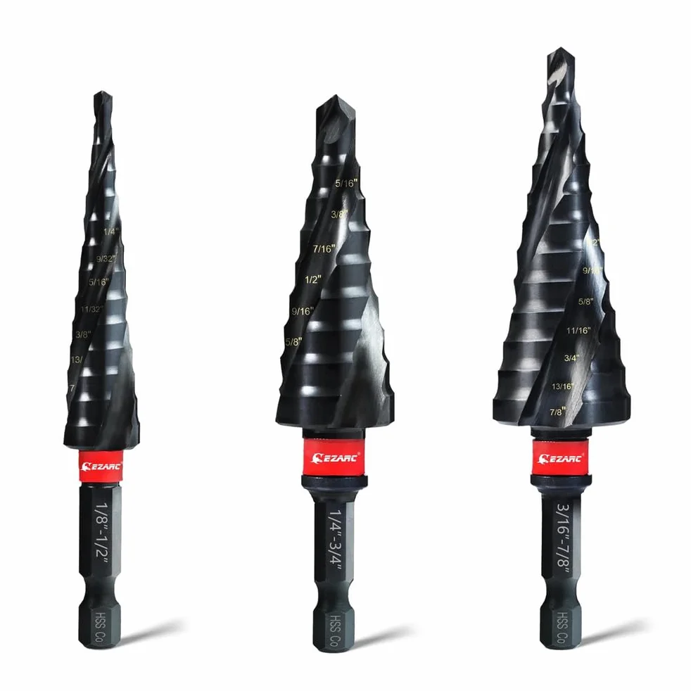 Zestaw 3 wierteł stopniowych do metalu, 1/8"-7/8", trzpień sześciokątny 1/4", m35 kobalt, powłoka altin odporna na zużycie