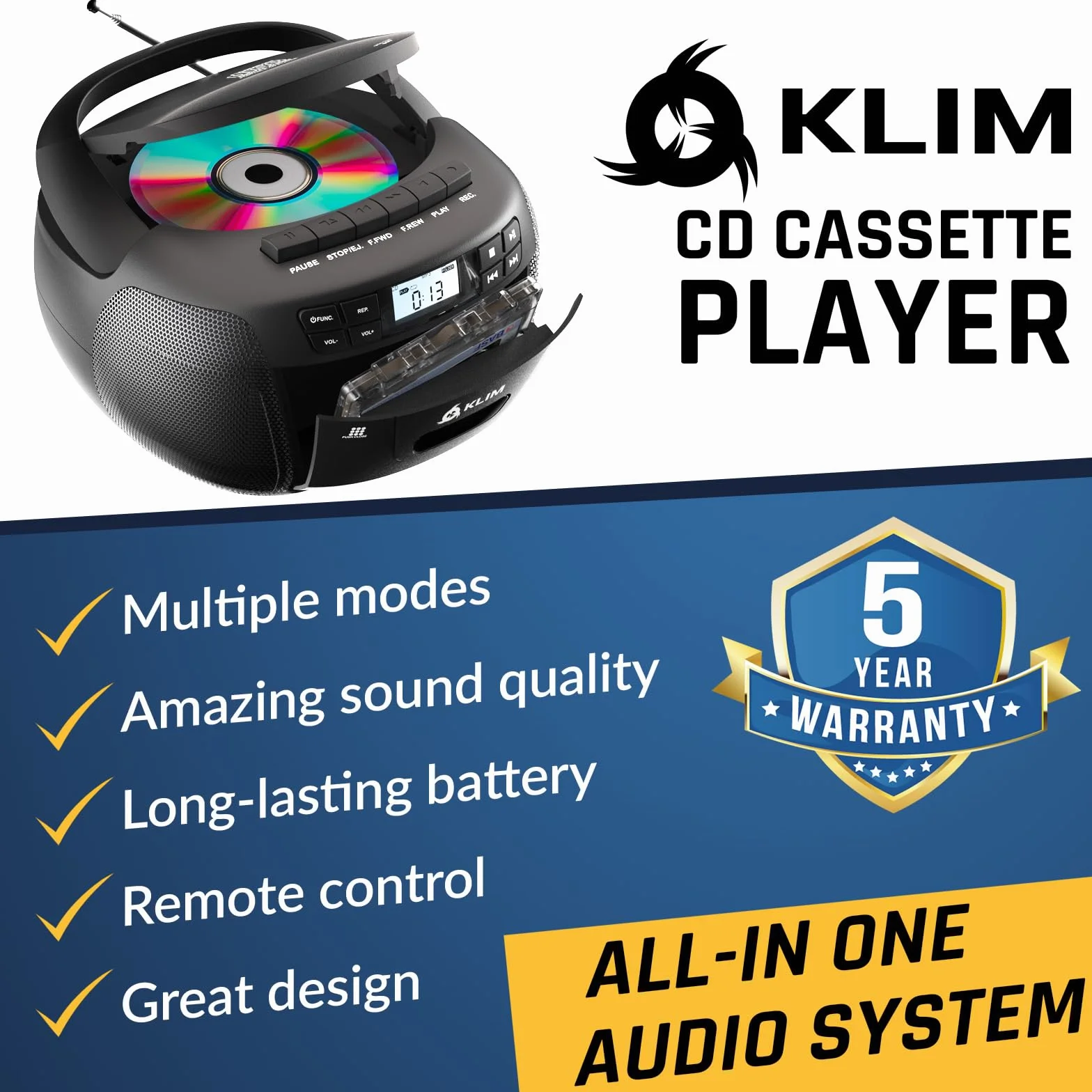 KLIM Odtwarzacz CD + odtwarzacz kasetowy audio, radio AM/FM, radio Bluetooth, odtwarzacz CD stereo, pilot zdalnego sterowania, nagrywanie na taśmie, dysk USB, AUX, radio stereo, dom, zasilanie AC/DC