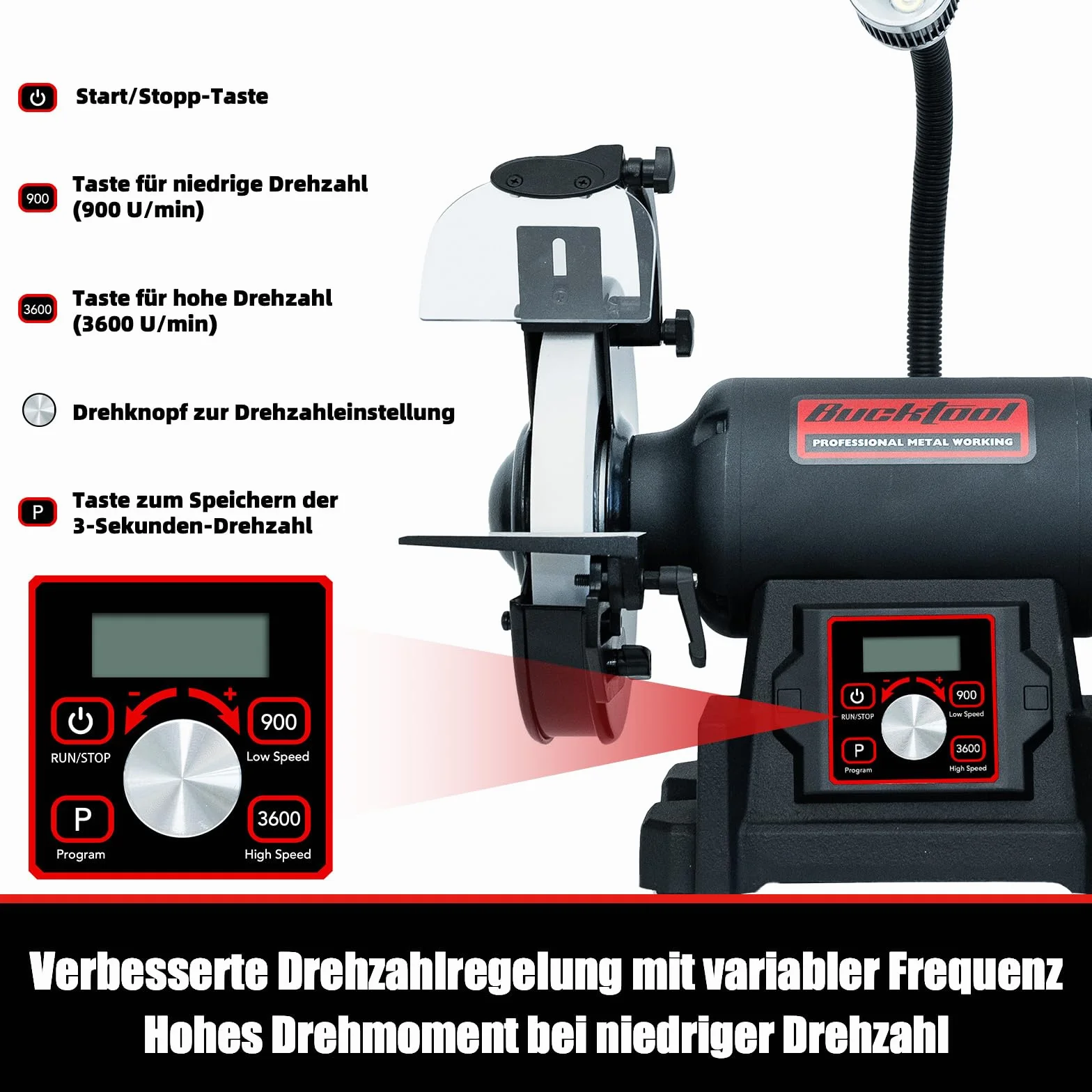 Bucktool Szlifierka stołowa o zmiennej 200 mm, profesjonalna szlifierka VFD 750 W o niskim poziomie wibracji i wysokim momencie obrotowym do obróbki metalu, ostrzenia noży i prac warsztatowych