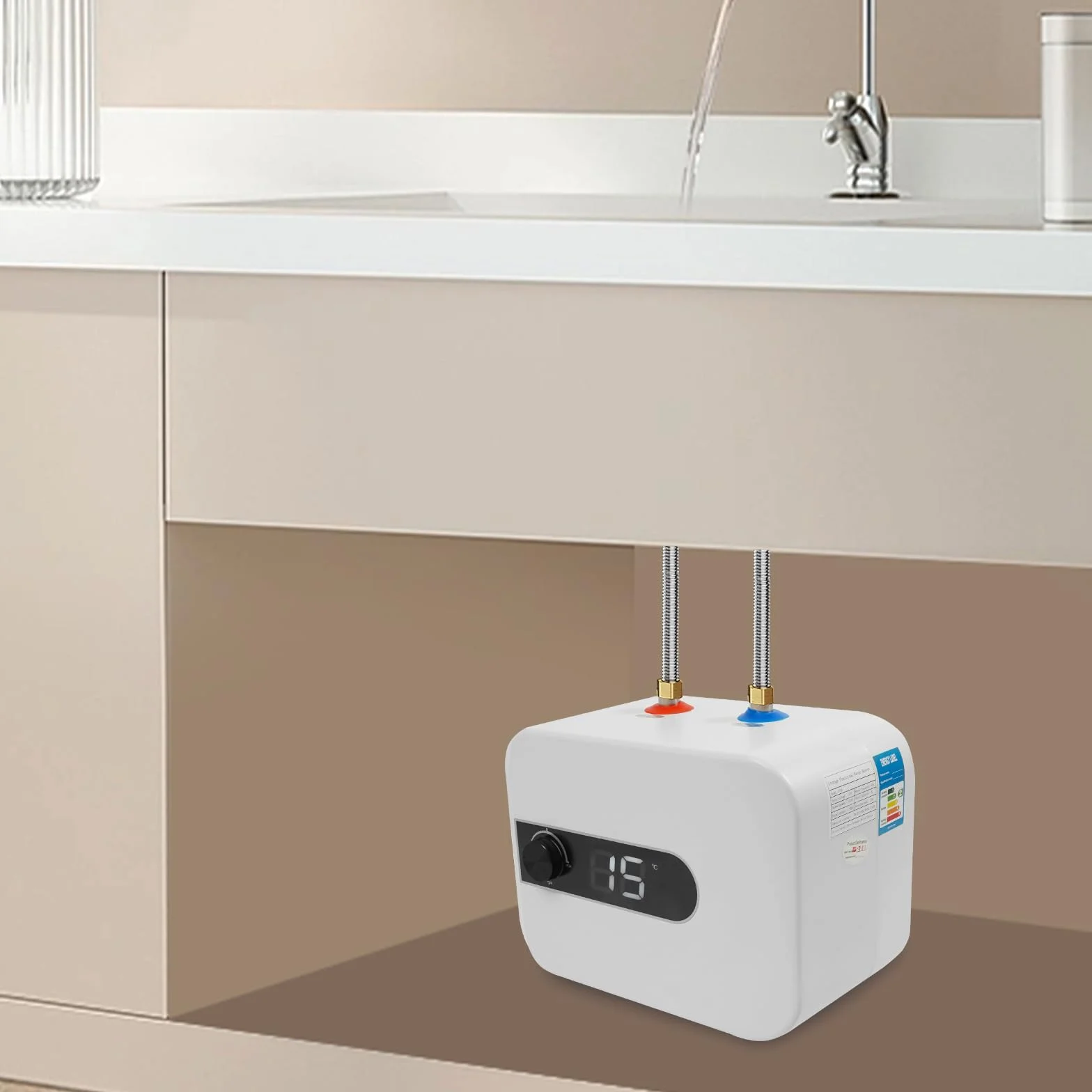Elektryczny mini podgrzewacz wody 5 l, 1500 W, zbiornik ciepłej wody z regulatorem temperatury, bojler ciepłej wody do kuchni i łazienki, ochrona IPX4, biały