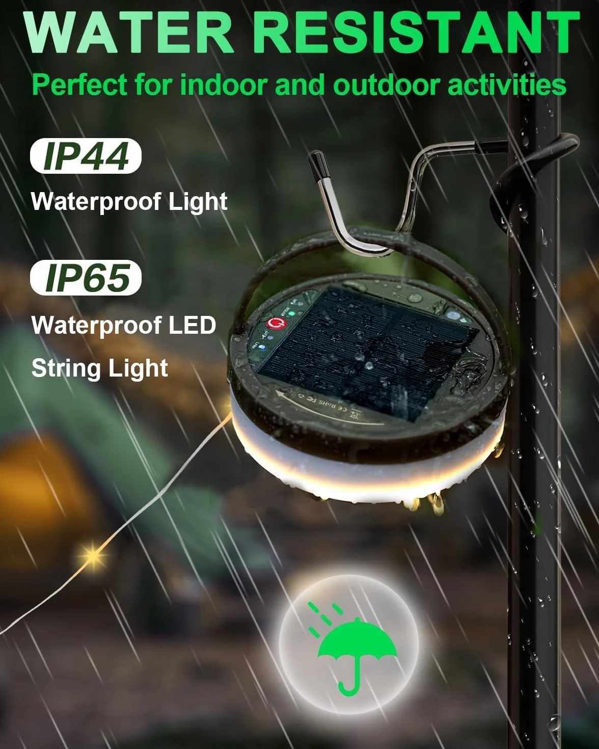 Solarny łańcuch świetlny kempingowy z pilotem zdalnego sterowania, przenośna wodoodporna lampa kempingowa 2 w 1, zasilana energią słoneczną i ładowaną przez USB, latarnia namiotowa do wędrówek