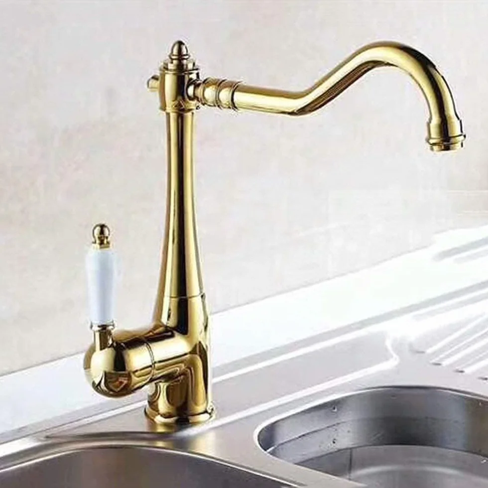 JRUIA Nowoczesny mosiężna cynowa kran Kitchen Kitchen Obrotowe dopasowanie wanny 360 ° Pojedyncza dźwignia mieszanie akumulatorów zlewozmywak z ceramicznymi uchwytami złoto