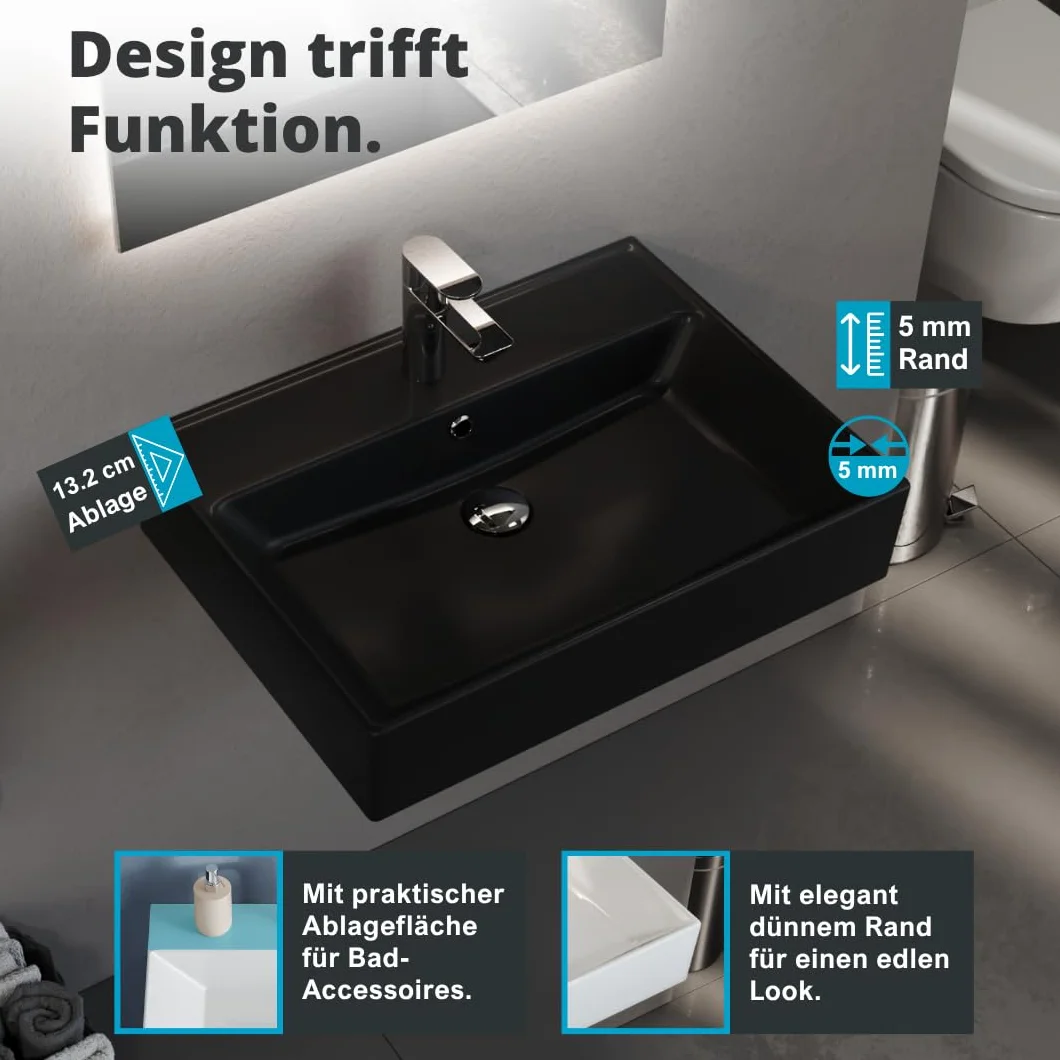 Aqua Bagno czarna matowa umywalka ceramiczna 60 cm – prostokątna umywalka nablatowa z otworem na baterię, nowoczesna, do łazienki i toalety