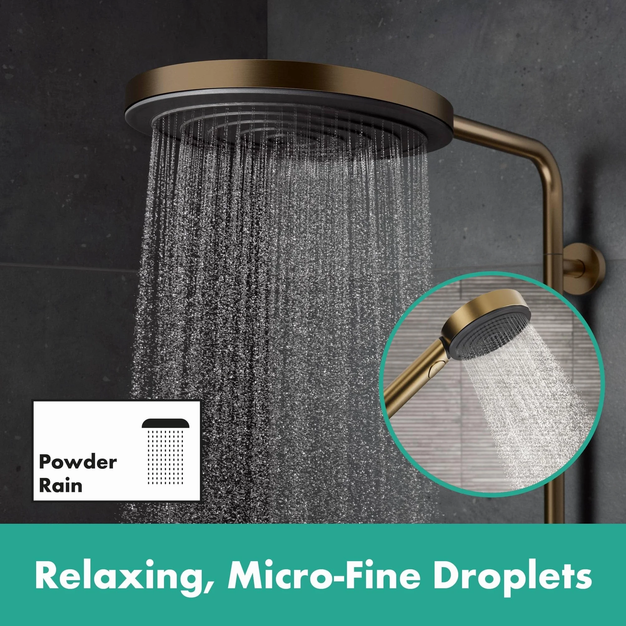hansgrohe Pulsify S Puro - komplet prysznicowy z termostatem, zestaw prysznicowy z główką prysznicowa 3-strumieniowa, wąż, szyna i deszczownica okrągła (⌀ 260 mm), brąz szczotkowany, 24236140