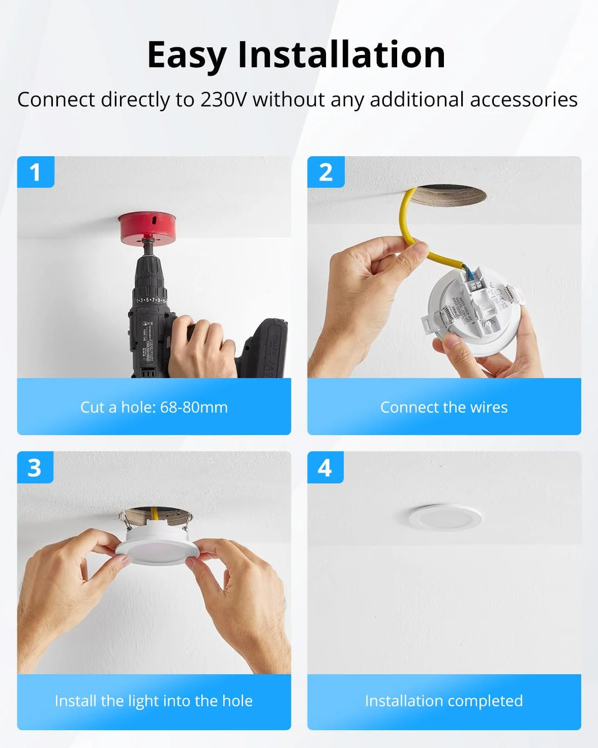 Gr4tec LED Spot Sufitowy, 6W, 4000K, Biały, Otwór 68-80mm, IP65, Łazienka, Salon