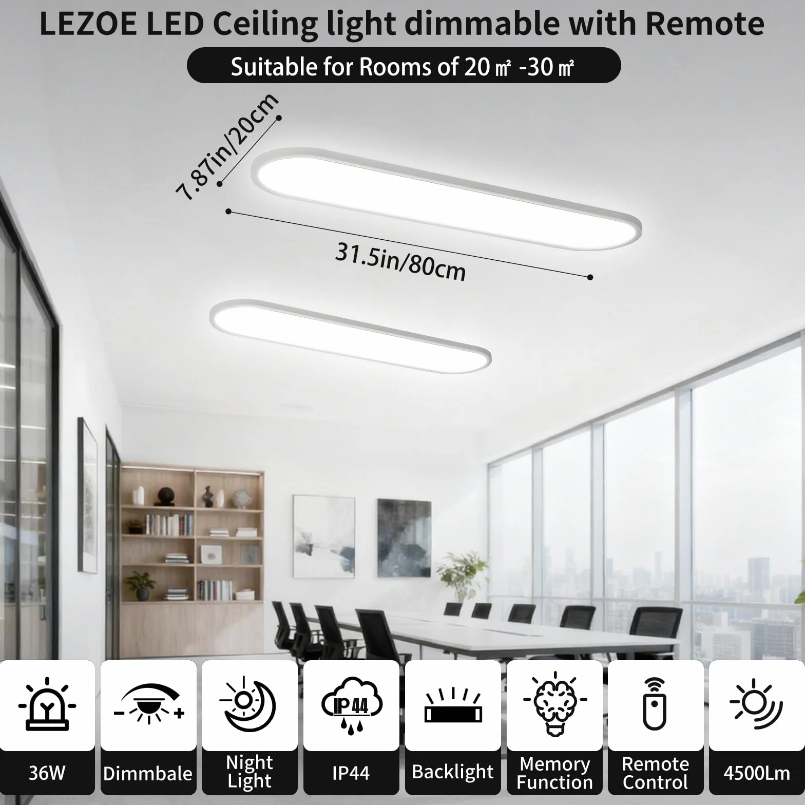 LEZOE Lampa sufitowa LED ściemnialna z pilotem 80x20x2,9 cm, 36 W 4500 lm Lampa sufitowa 2700K-6500K z funkcją pamięci, biurowa Panel do salonu sypialni łazienki kuchni domowego biura owalna