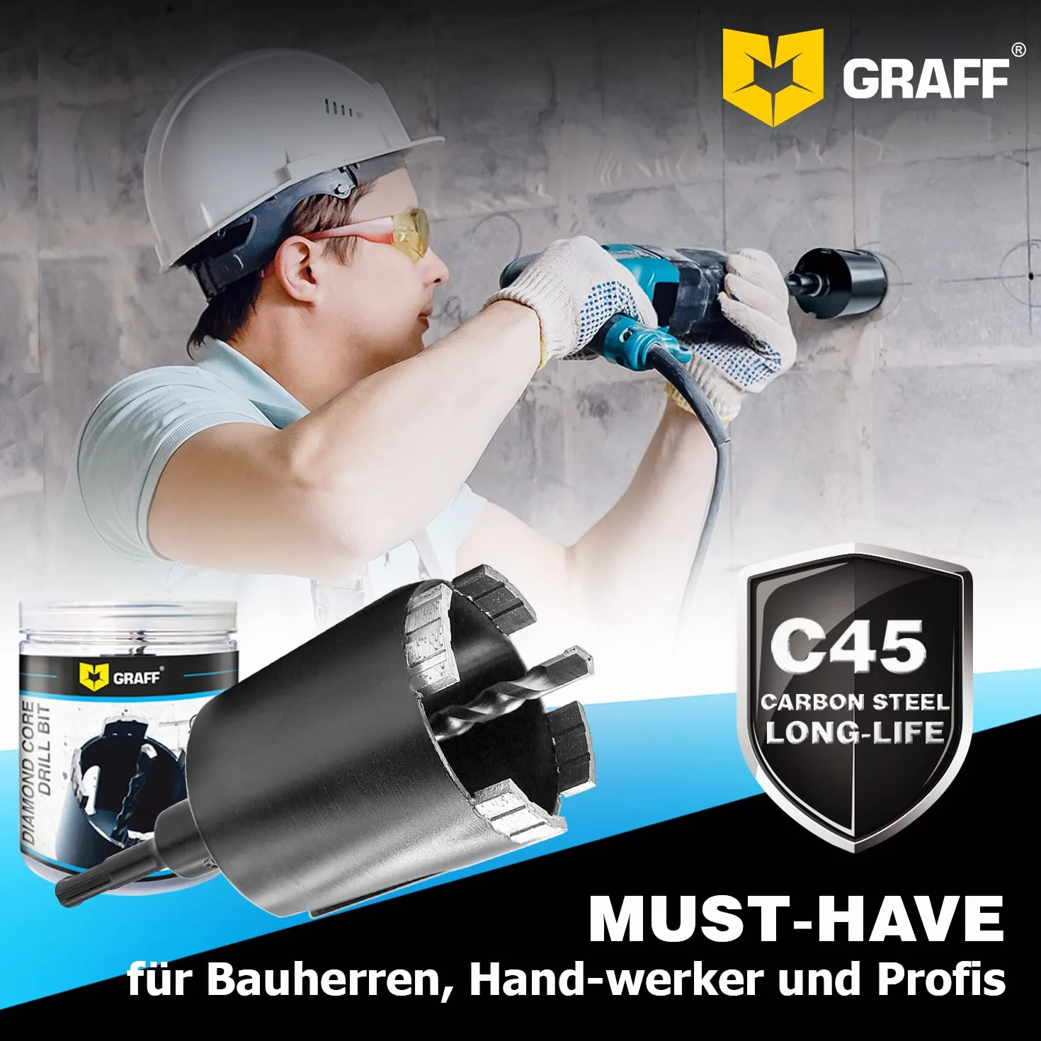 GRAFF Wiertło Diamentowe 82 mm - Zestaw Wierteł Diamentowych do Betonu Muru Cegła Poroton Tynk Skalny - Wiertło do Gniazdka i Otwornica Koronowa do Adapter SDS-plus