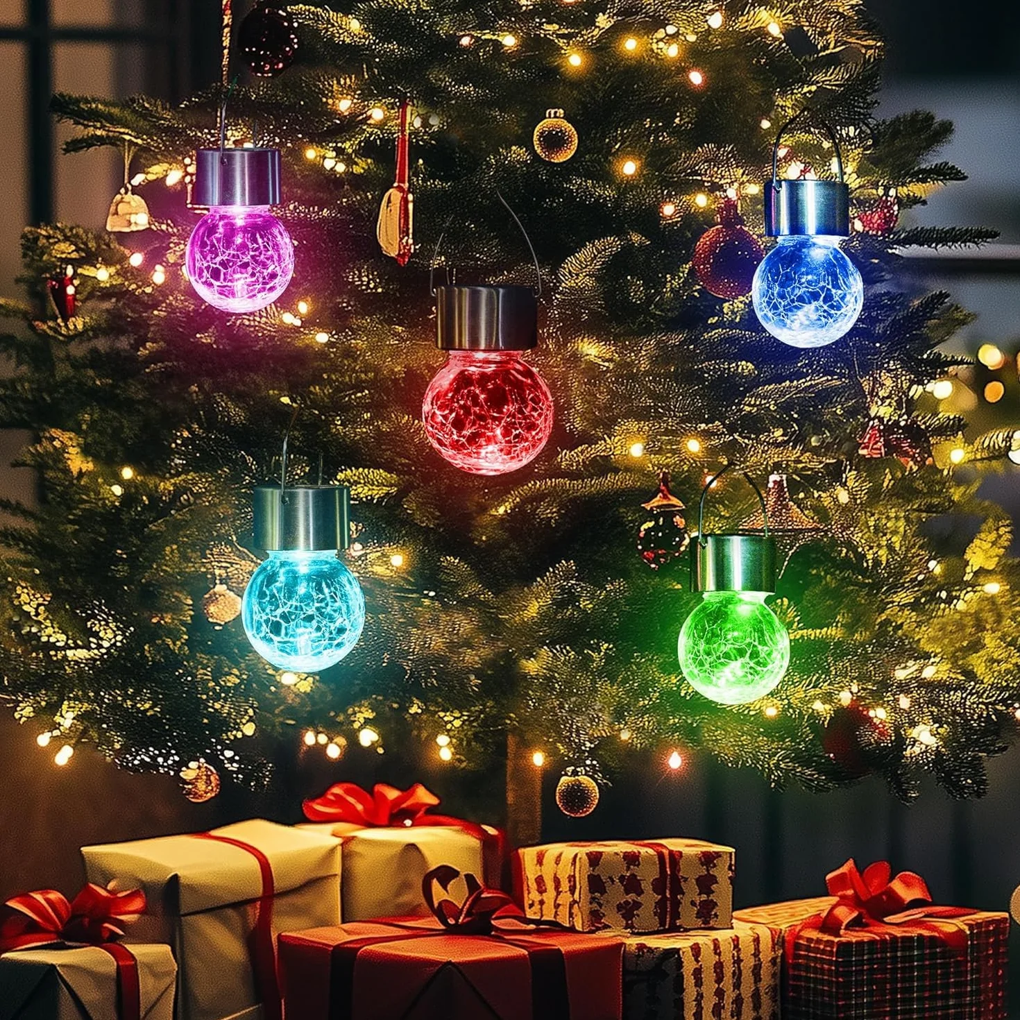 GIGALUMI Solarne lampy zewnętrzne, lampy wiszące do dekoracji bożonarodzeniowej, wzór popękanego szkła, wodoodporne, do ogrodu, na podwórko, ogrodzenie, drzewo, 12 sztuk (zmieniające kolor)