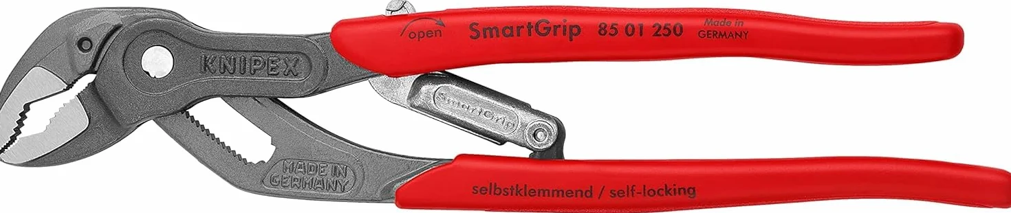 KNIPEX SmartGrip Szczypce do rur z regulacją automatyczną fosforanowana, szara z nasadkami z tworzywa sztucznego 250 mm, 85 01 250