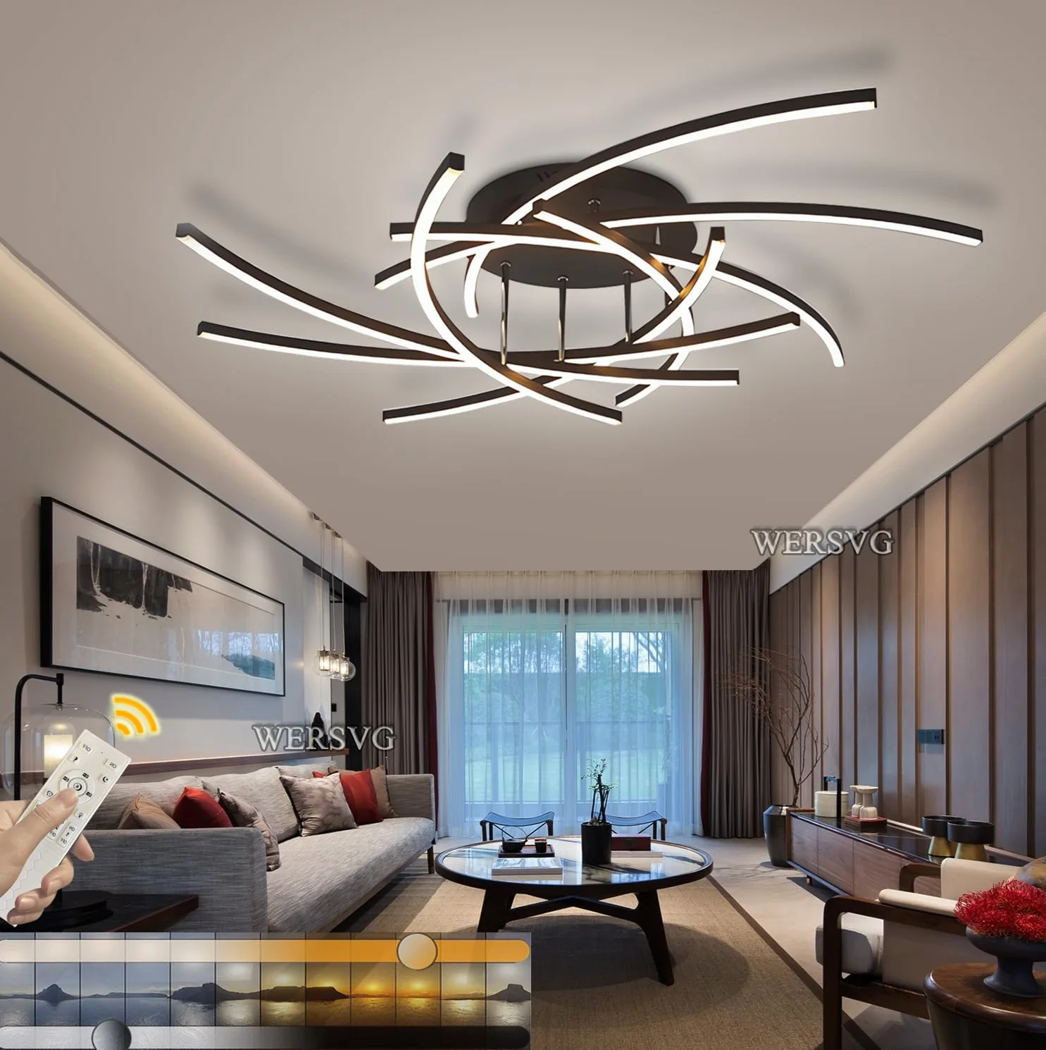 Lampa sufitowa LED Ściemnialna lampa do salonu Sufit z pilotem Nowoczesna lampa sufitowa do sypialni Projektowanie wnętrz Oświetlenie sufitowe Salon Jadalnia kuchenne (Czarny, 8-płomień,100cm,120W)