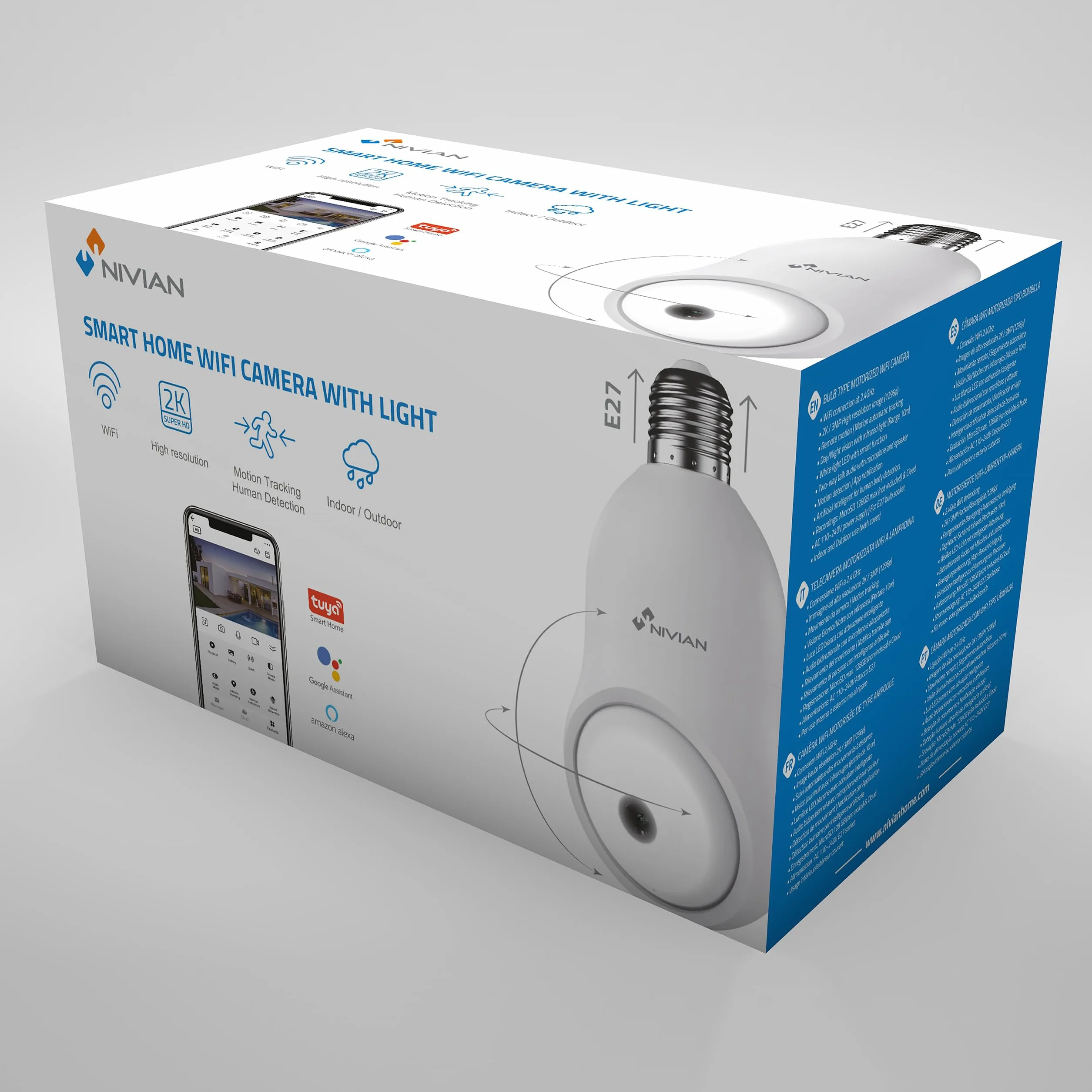 NIVIAN -Kamera monitorująca Wifi Typ żarówki E27-2K 360 ° ruchu- Dwukierunkowy dźwięk-Rozpoznawanie i śledzenie człowieka-Noktowizor 10m-Kompatybilny z Alexa i Google Home–Aplikacja Tuya