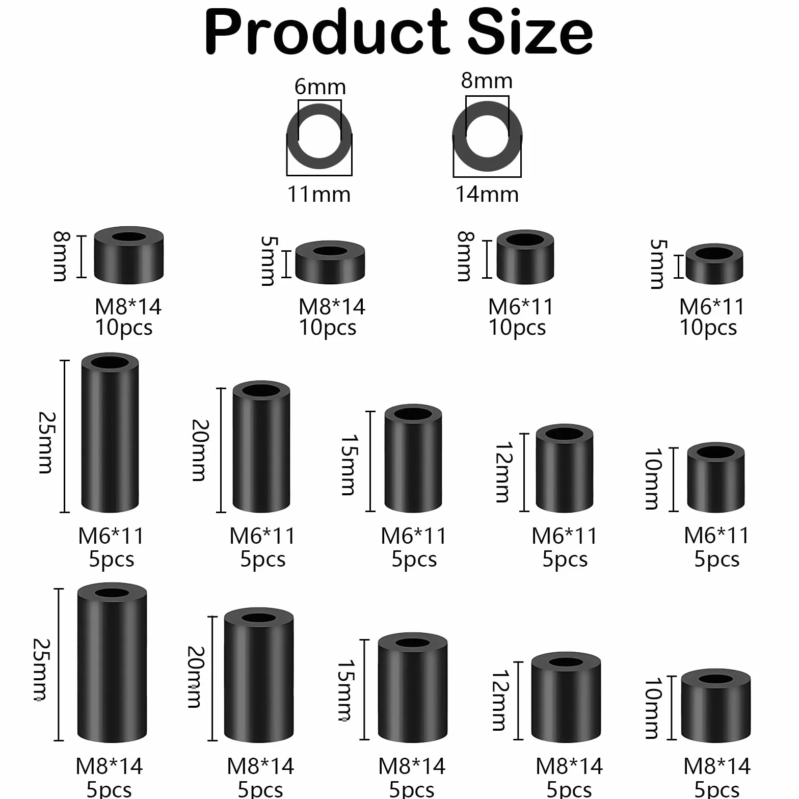 90 sztuk ABS podkładek dystansowych, okrągłe, czarne, M6 M8, nylonowe, plastikowe, izolacyjne