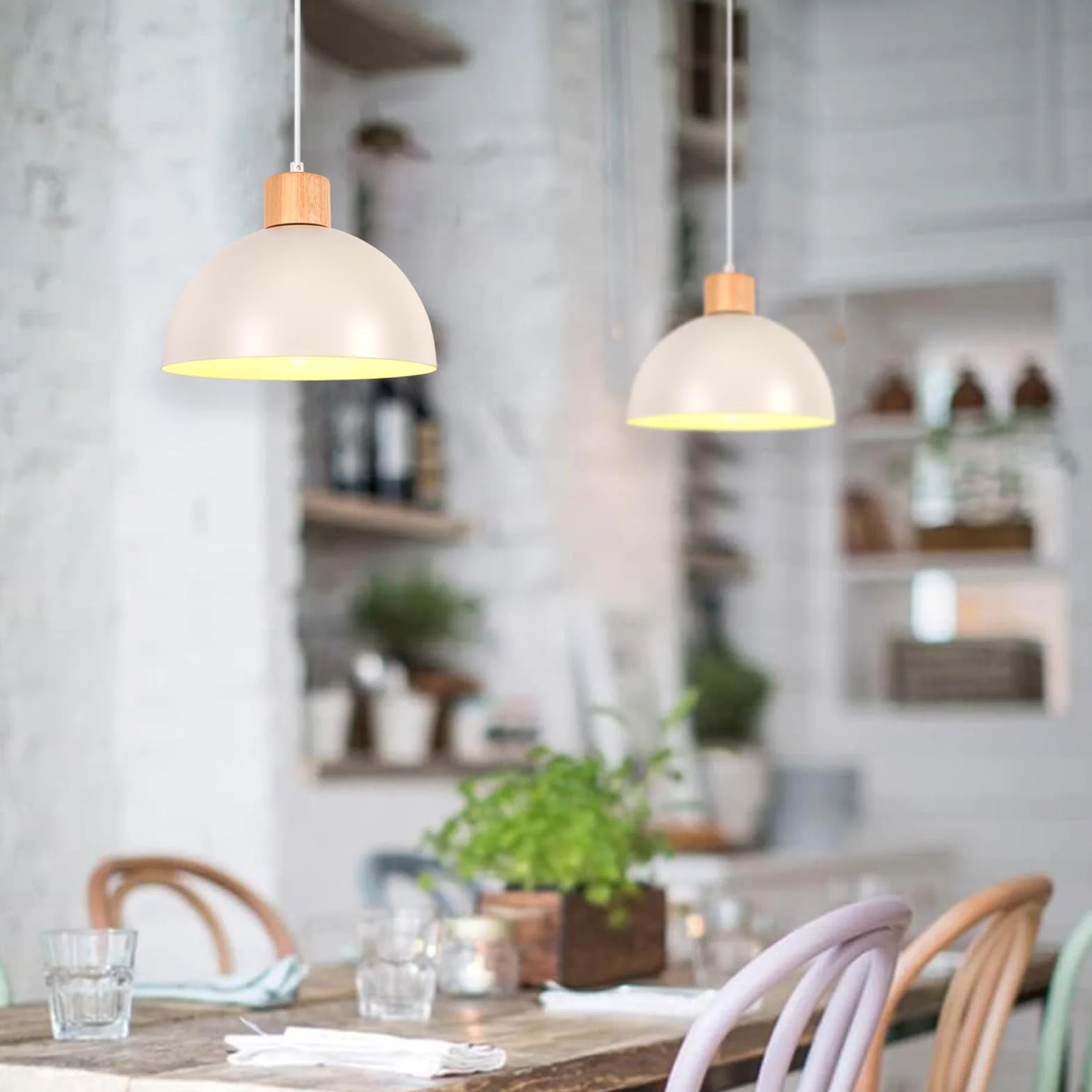 iDEGU Zestaw 2 żyrandoli wiszących w stylu retro, nowoczesny styl, półokrąg, lampa sufitowa E27, drewniana metalowa lampa wisząca do jadalni, kuchni, salonu, sypialni, Ø 25 cm (biały)