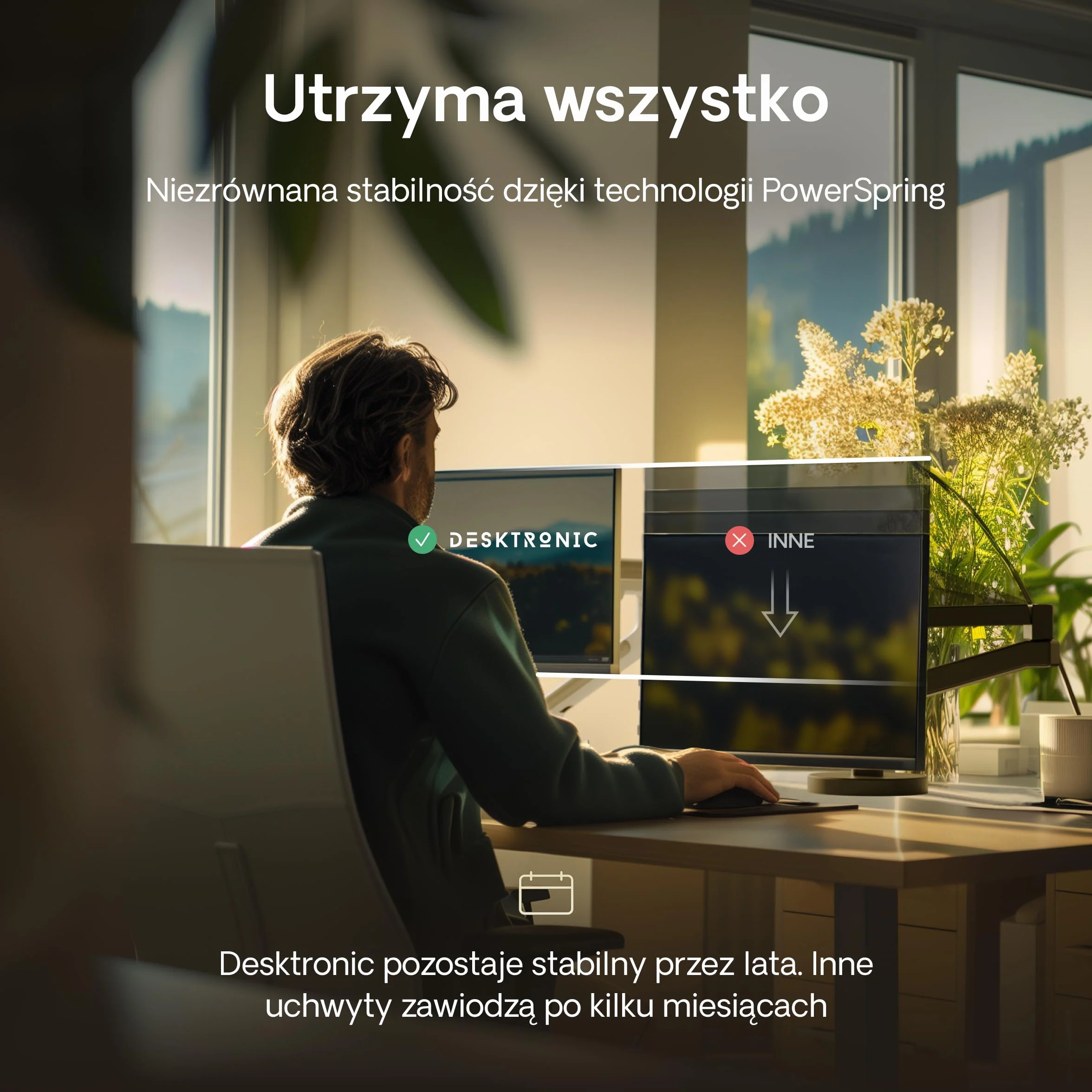 Desktronic Pojedynczy stojak na monitor, regulowane ramię monitora, uchwyt biurkowy, obrót o 360° i pełne nachylenie ruchu, ergonomiczny, VESA 75/100 mm, biały