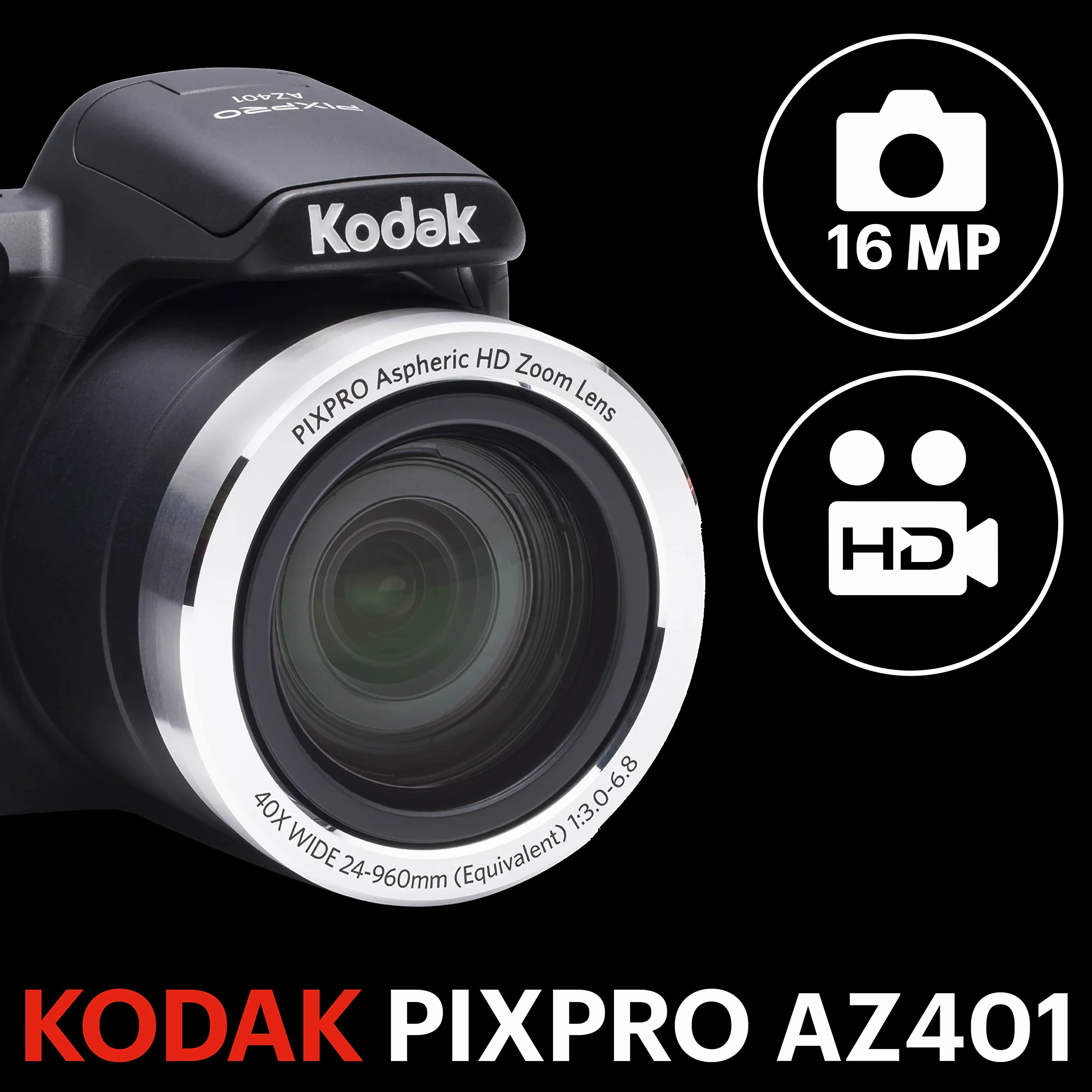 Kodak PIXPRO Astro Zoom AZ401-BK aparat cyfrowy 16 MP z 40-krotnym zoomem optycznym i 7.6 cm LCD (czarny)