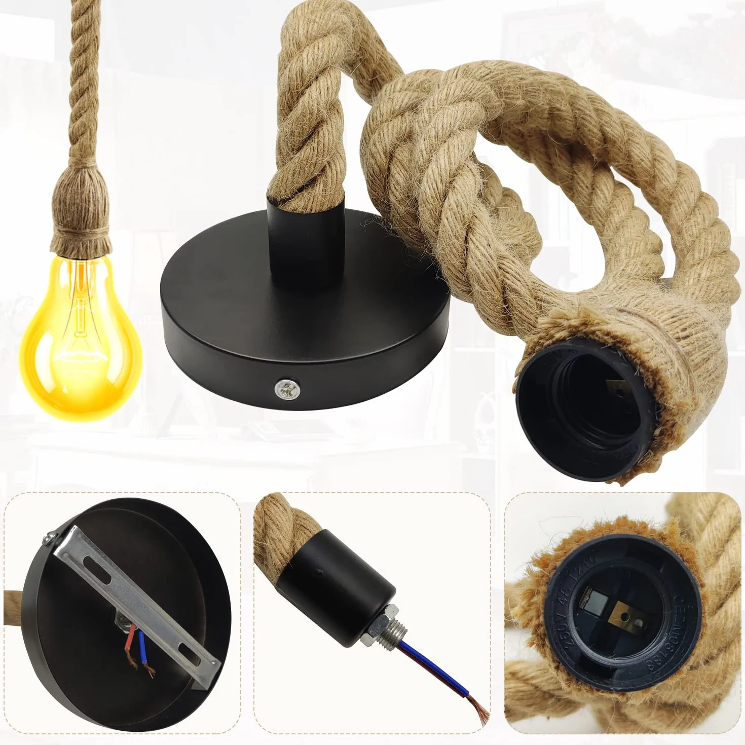 Lampa w stylu retro, E27, z liną konopną, 100 cm, lina konopna, wiszące światło do kuchni, domu, kawiarni, baru, magazynu, gospodarstwa rolnego, oświetlenie sufitowe (bez żarówki)