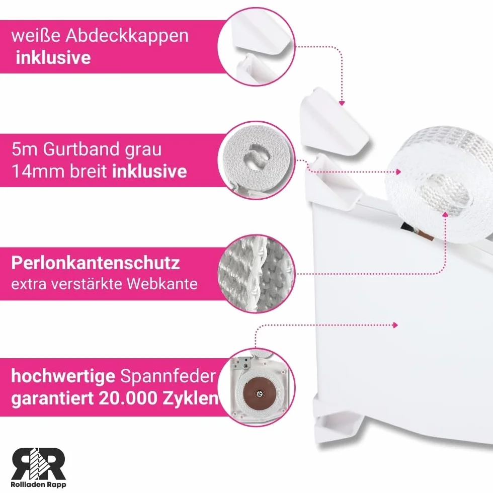 Rolka zwijacza taśmy, natynkowa, mini wychylna, w zestawie zaślepki i taśma 14 mm, szerokość paska do rolet, nawijarka natynkowa, rozstaw otworów 153 mm [418]