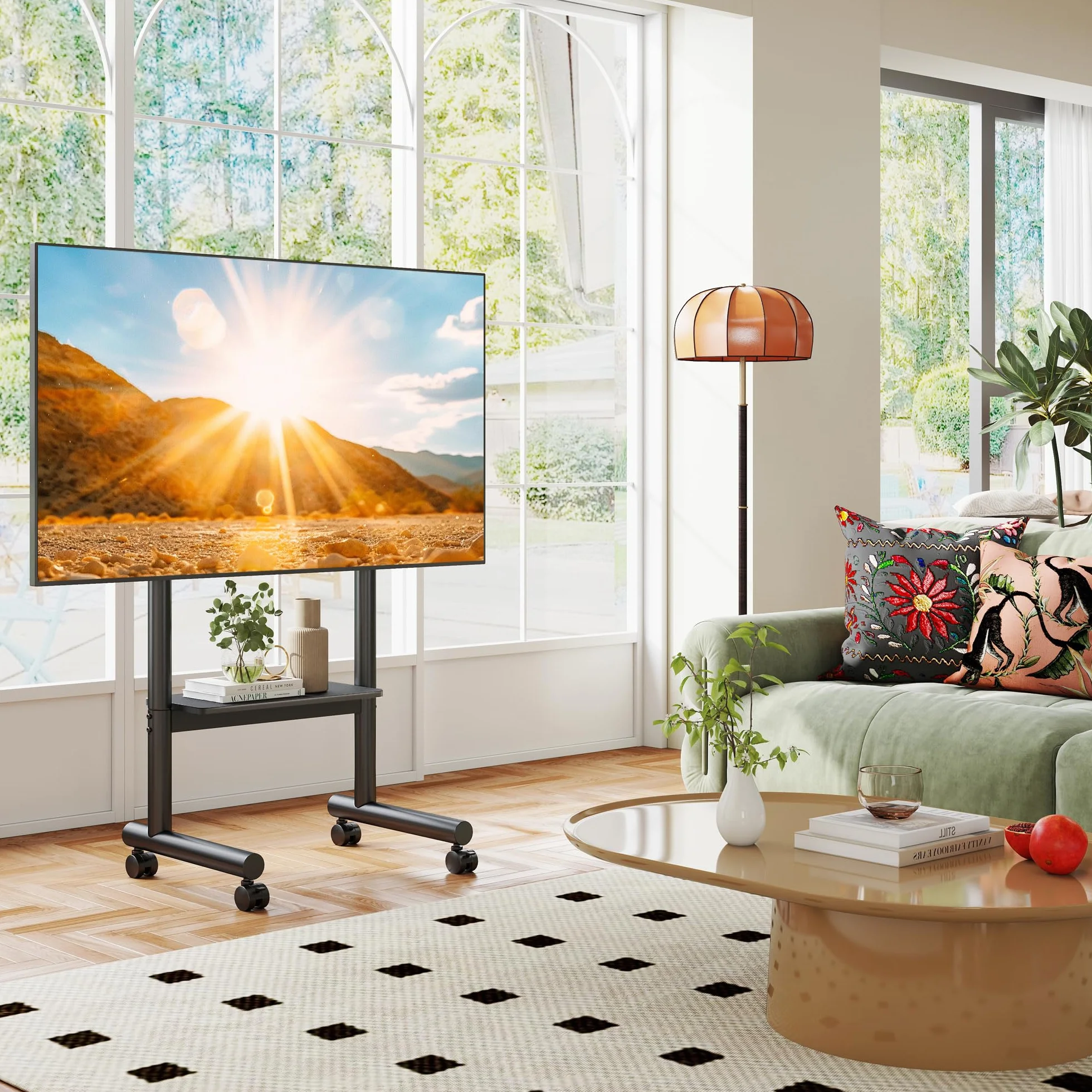 5Rcom Mobilny stojak na telewizor na kółkach – regulowany w wysokości stojak pod telewizor na podłodze dla ekranów płaskich LCD/LED/OLED o przekątnej 32–70 cali, wózek TV z półką do 50 kg