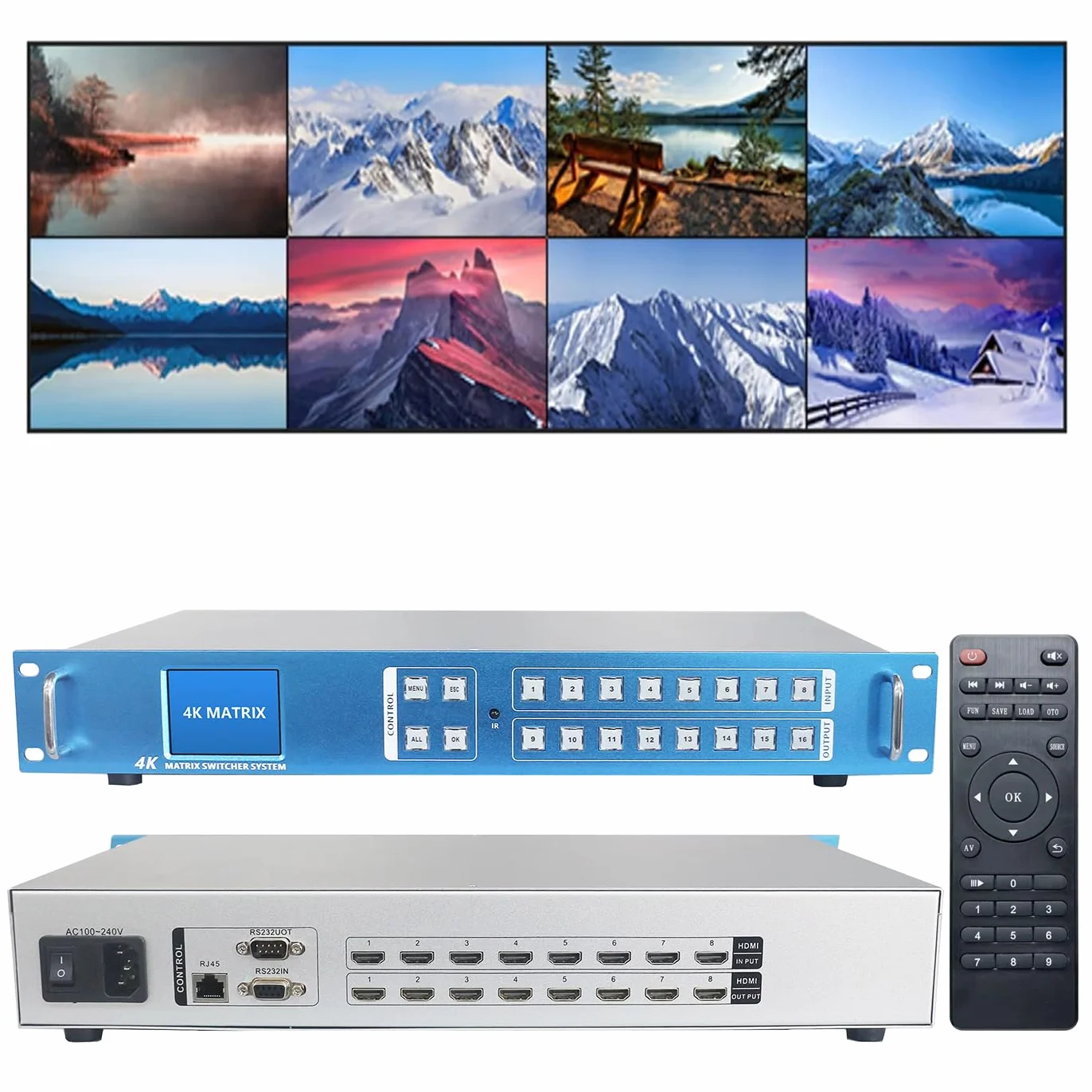 ICUIXIAN Przełącznik matrycowy 4K HDMI 8 x 8 z wejściem GUI + LAN + sterowaniem Rs232, przełącznik i rozdzielacz matrycy Rackmount HDMI 8 x 8 4K 30 Hz HDCP, EDID, podświetlane przyciski (8 wejść, 8