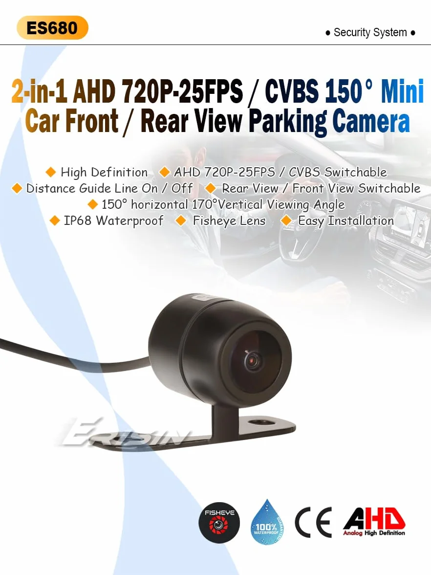 Kamera cofania 2-w-1 AHD/CVBS 170° wodoodporna uniwersalna mini z linią prowadzącą