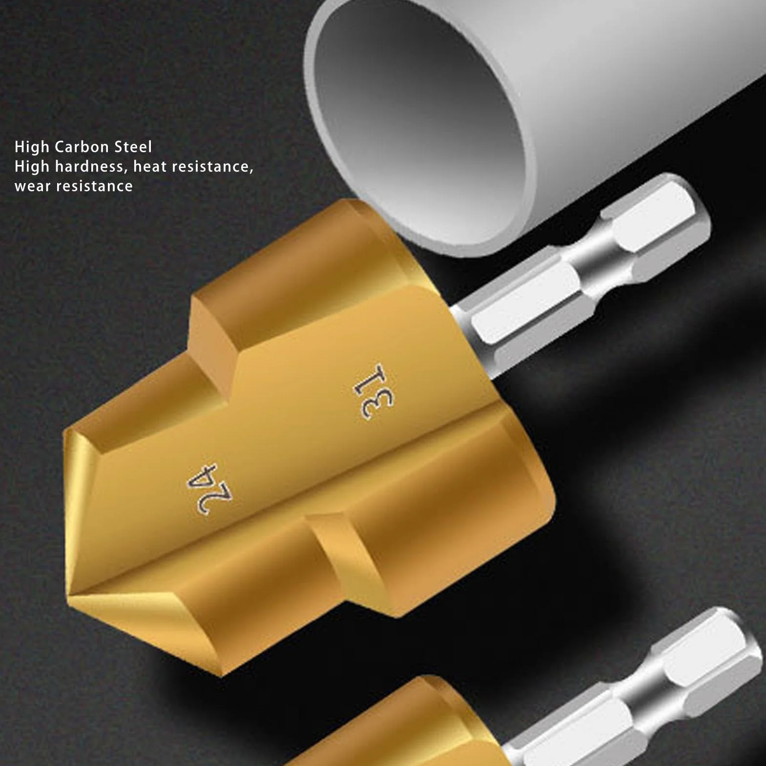 Greensen Pipe Reamer Bit, PVC Pipe Reamer Conduit Drill Bit Zestaw 3-częściowy 19mm 24mm 31mm do Rur PPR PVC z Sześciokątnym Trzonkiem Pasuje do Większości Wiertarek Elektrycznych