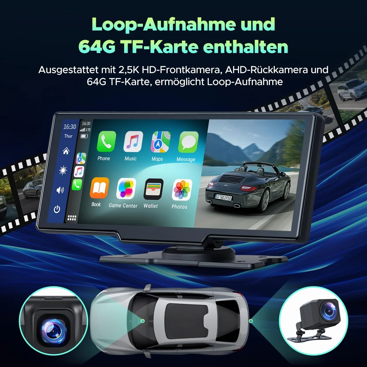 LAMTTO Bezprzewodowe radio samochodowe CarPlay Android 9,26" 2,5K+1080p kamera 64GB TF Bluetooth nawigacja Mirror Link Siri/G00gle AUX/FM
