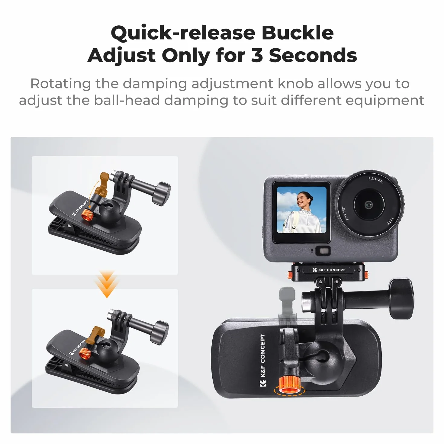 K&F CONCEPT Magnetyczny klips do plecaka, głowica kulowa 360°, zacisk na ramię i kapelusz, kompatybilny z DJI Osmo Nano/Action 6 5 pro/Go pro, uchwyt kamery ciała