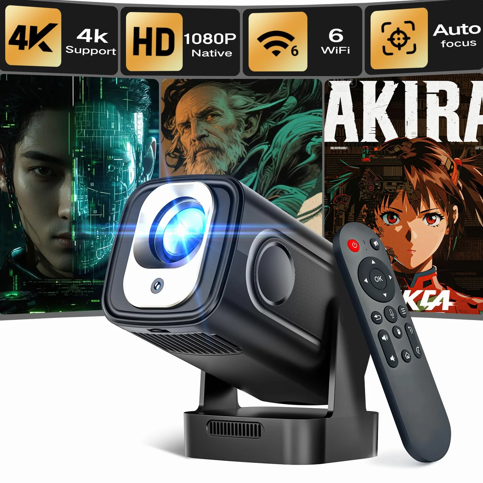 Alwtniet Mini Projektor 4K, Natywne 1080P, Przenośny z Androidem, Autofokus, Korekcja Keystone, WiFi 6, Bluetooth 5.4, Głośnik 5W, Obrót 180° HY310