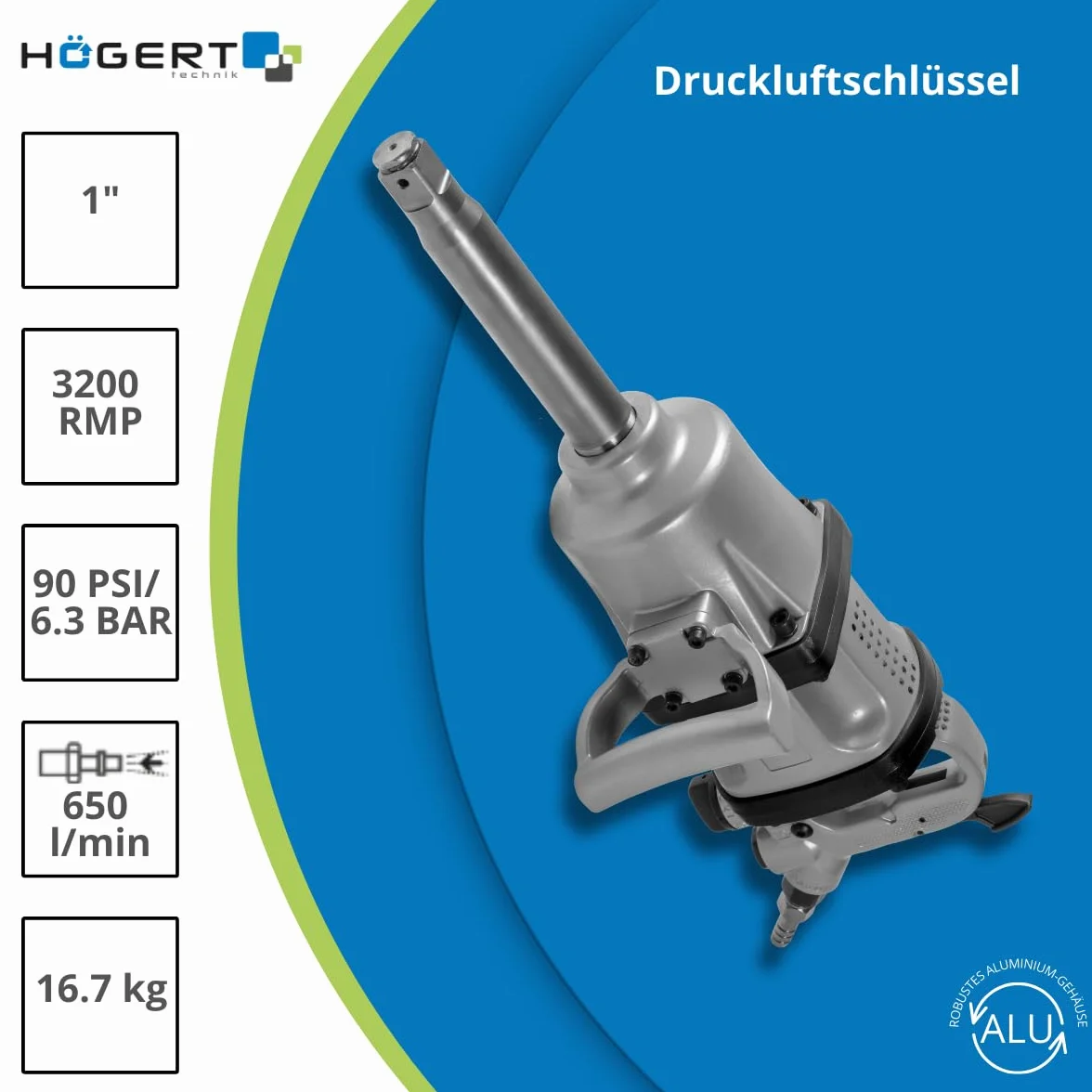 Högert Technik - Klucz pneumatyczny 1" 3200 Nm | 1-calowy klucz pneumatyczny z napędem czworokątnym | klucz pneumatyczny | profesjonalne narzędzia