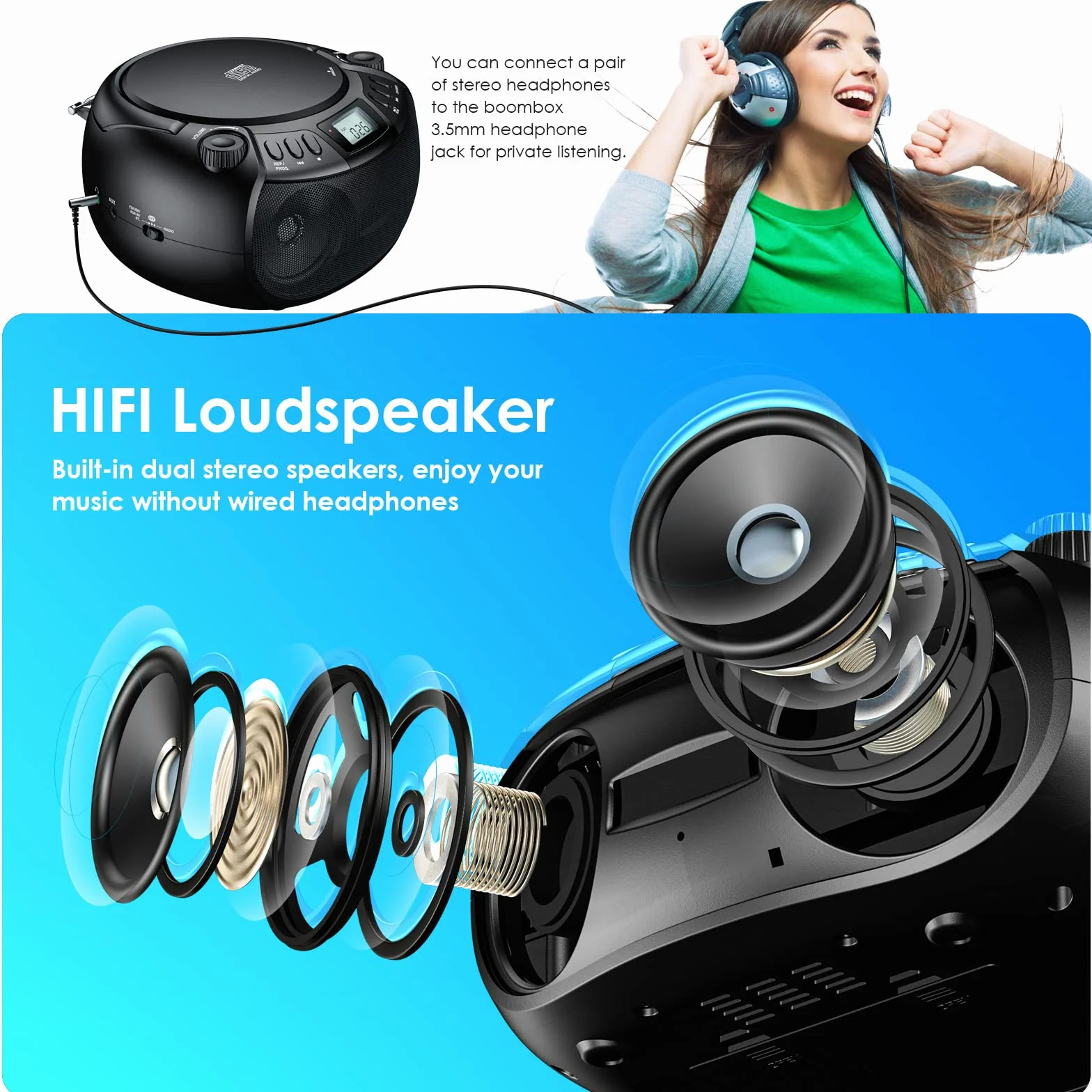 Gueray Przenośny odtwarzacz CD Boombox z Bluetooth, radio FM AM radio, głośnik stereo, wejście USB i AUX oraz porty słuchawkowe, wyświetlacz LCD 2 x 3 W RMS stereo