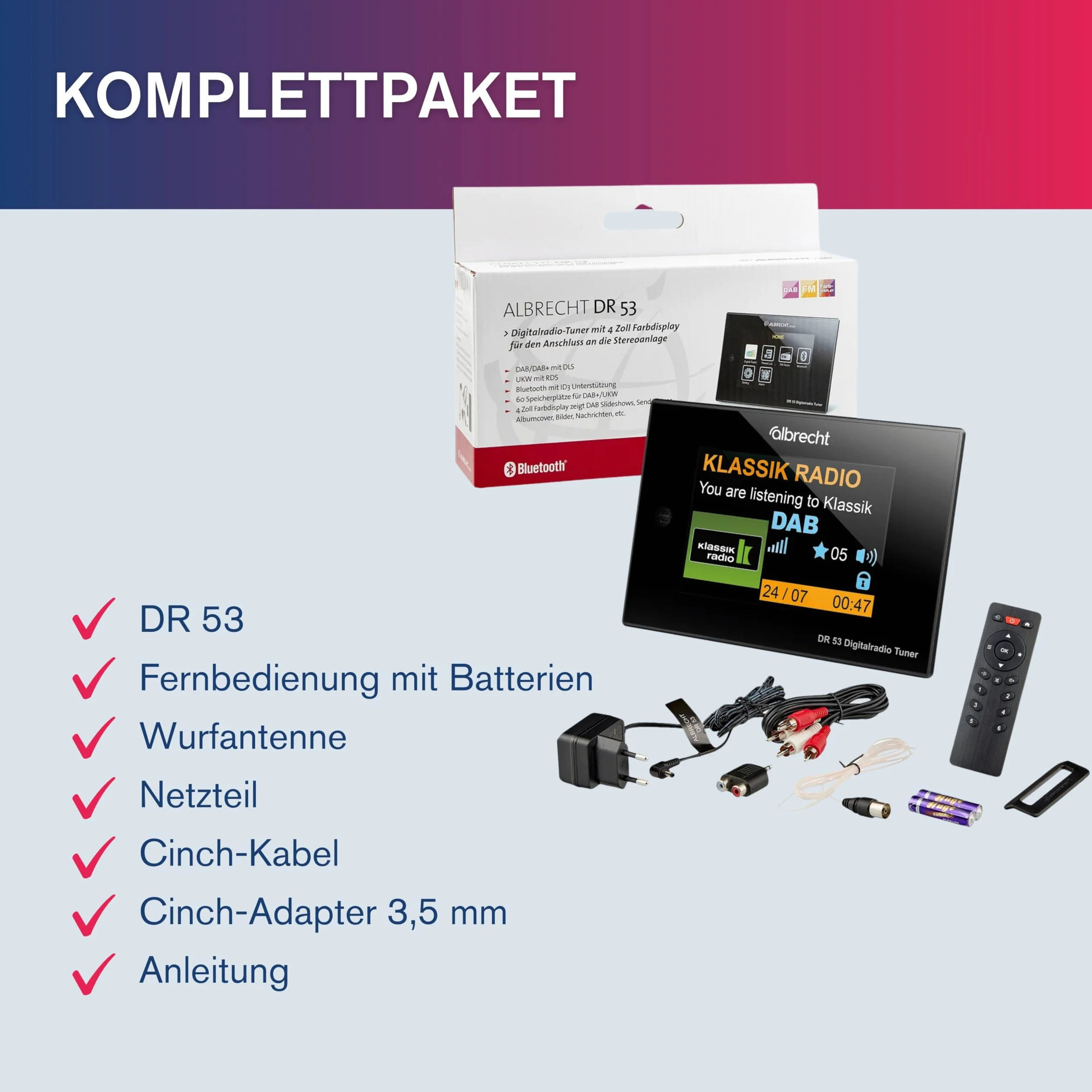 Albrecht DR53, DAB+/FM tuner radiowy, 27251, z kolorowym wyświetlaczem 4" do podłączenia do zestawu stereo z pilotem zdalnego sterowania