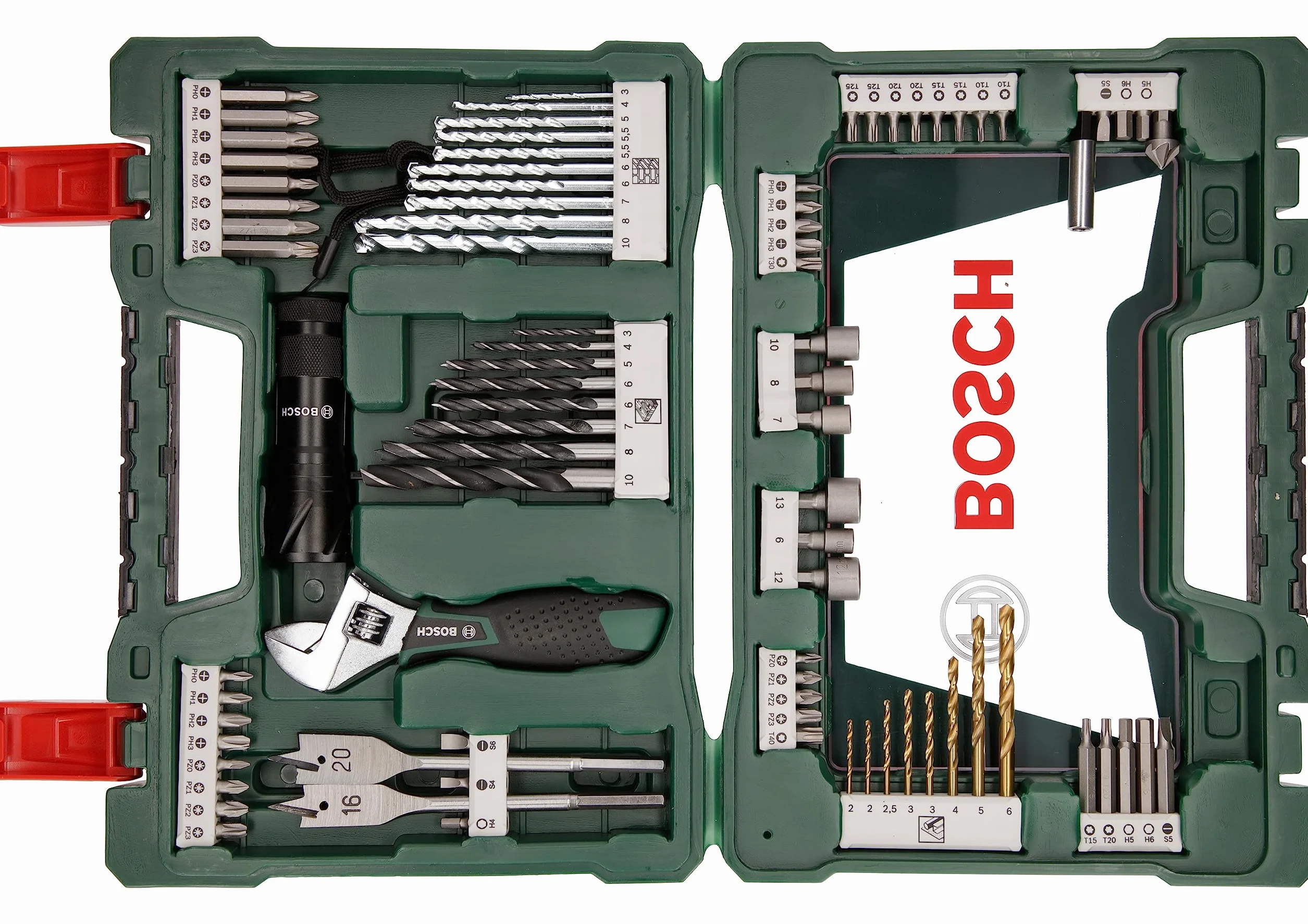 Bosch 83-częściowy zestaw wierteł TiN i końcówek wkręcających V-Line (z latarką LED i kluczem rozsuwanym główkowym, do drewna, kamienia i metalu, Akcesoria wiertło)