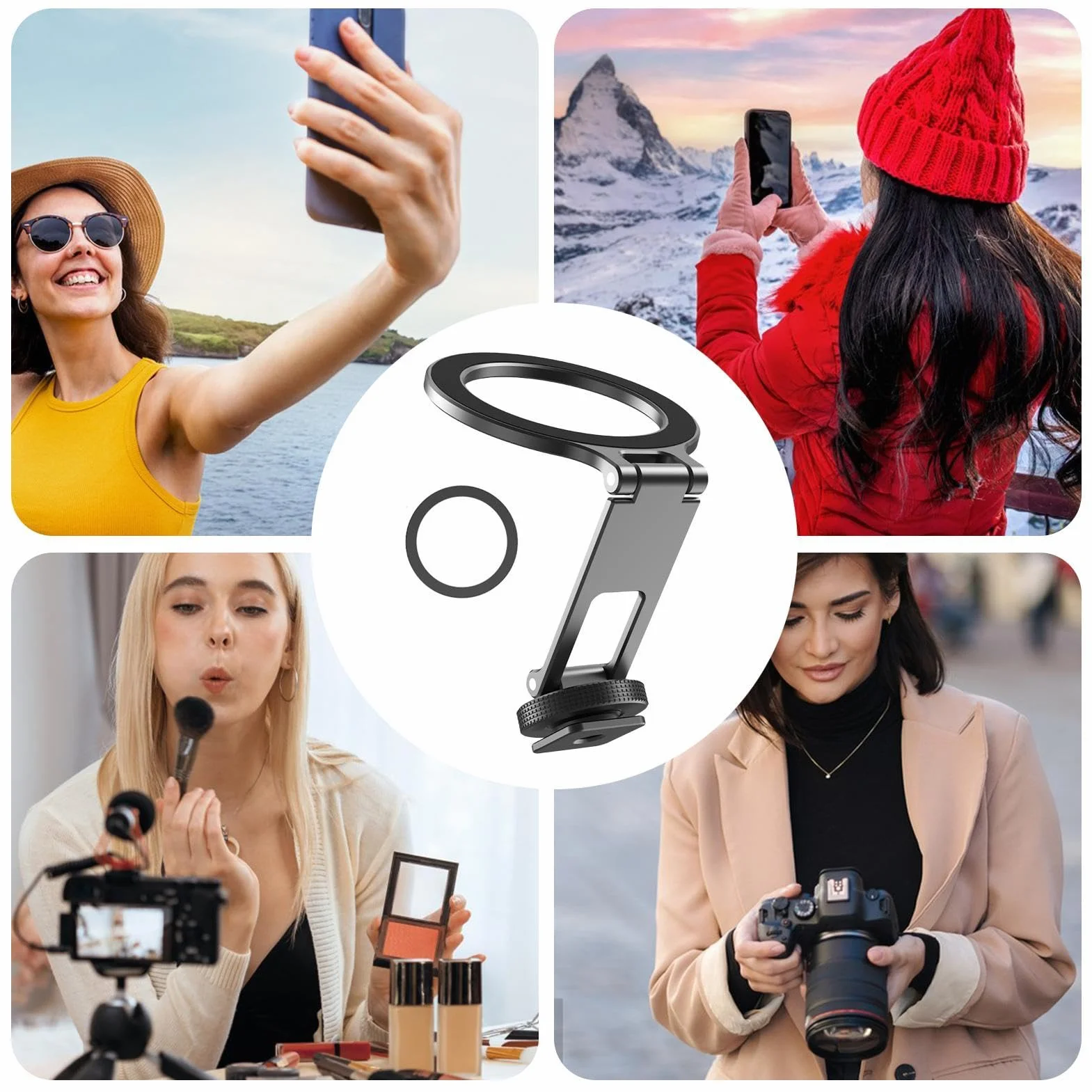 Metal Phone Tripod Mount Cold Shoe Phone Holder Portable Folding Cell Phone Clamp for Selfies Concert Travel Live Streaming
