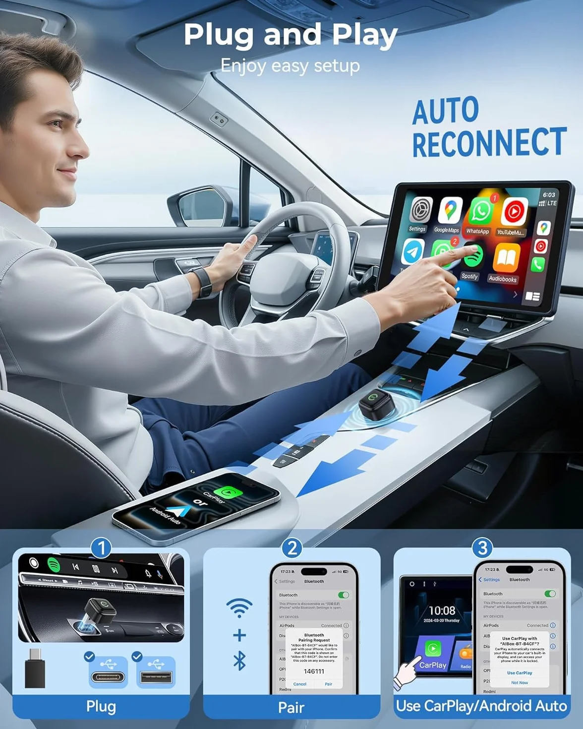 Bezprzewodowy adapter CarPlay i Android Auto 2 w 1 5,8 GHz Pro – natychmiastowe przełączanie dla rodzin z wieloma kierowcami, konwersja z przewodowego na bezprzewodowy w samochodach OEM, szybkie autom